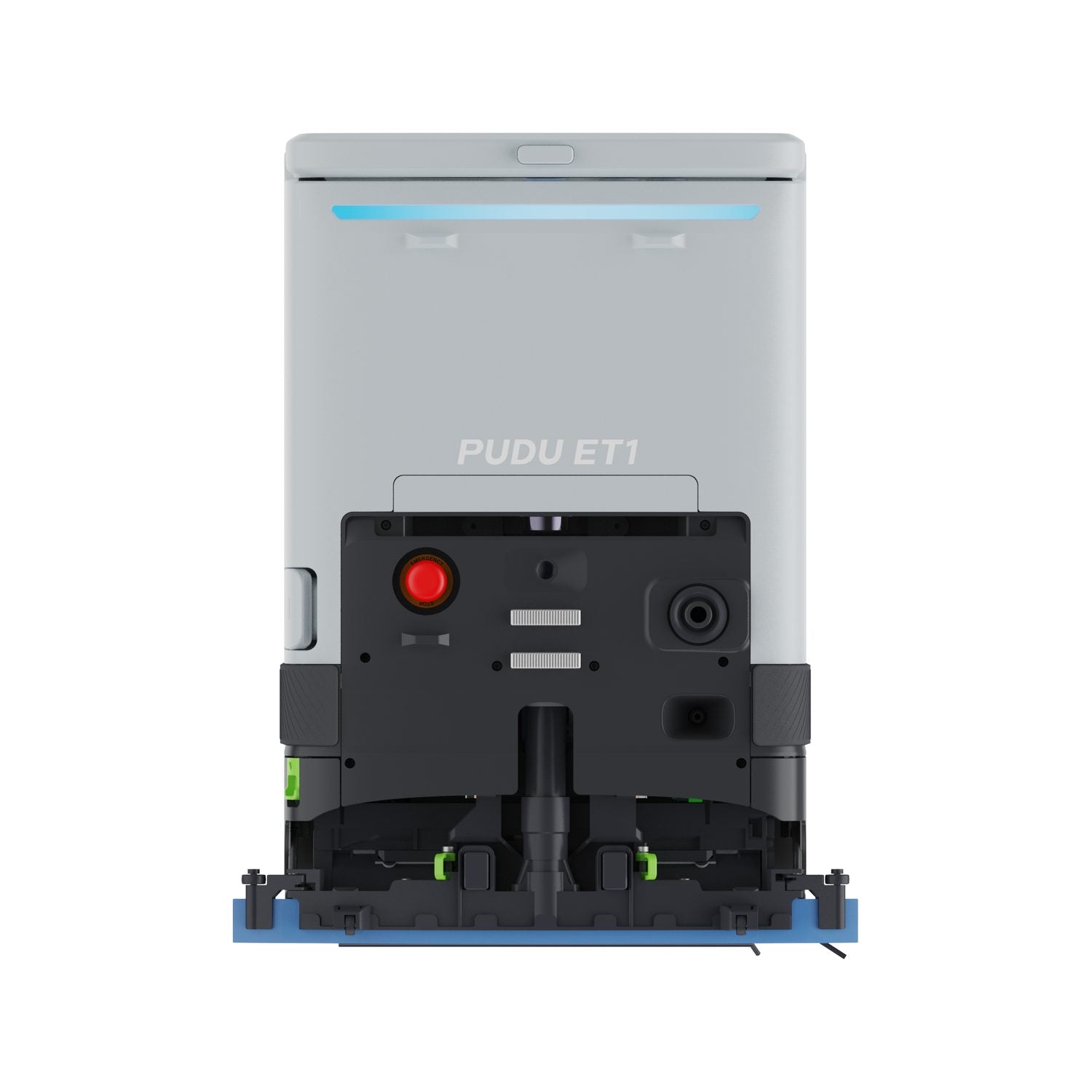 PUDU ET1 compact scrubber dryer robot rear view showing the squeegee and charging contacts