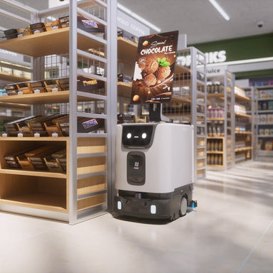 PUDU ET1 compact scrubber dryer robot cleaning a convenience store aisle with its advertising display