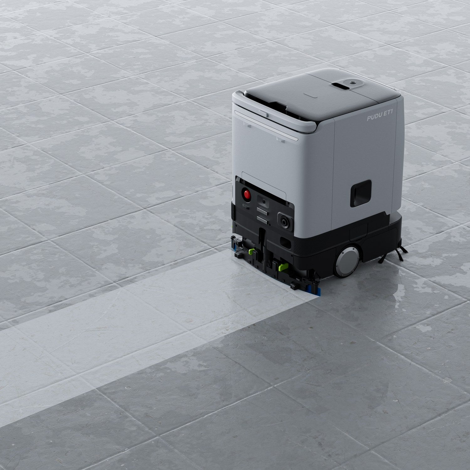 PUDU ET1 compact scrubber dryer robot leaving a dry streak free floor behind it