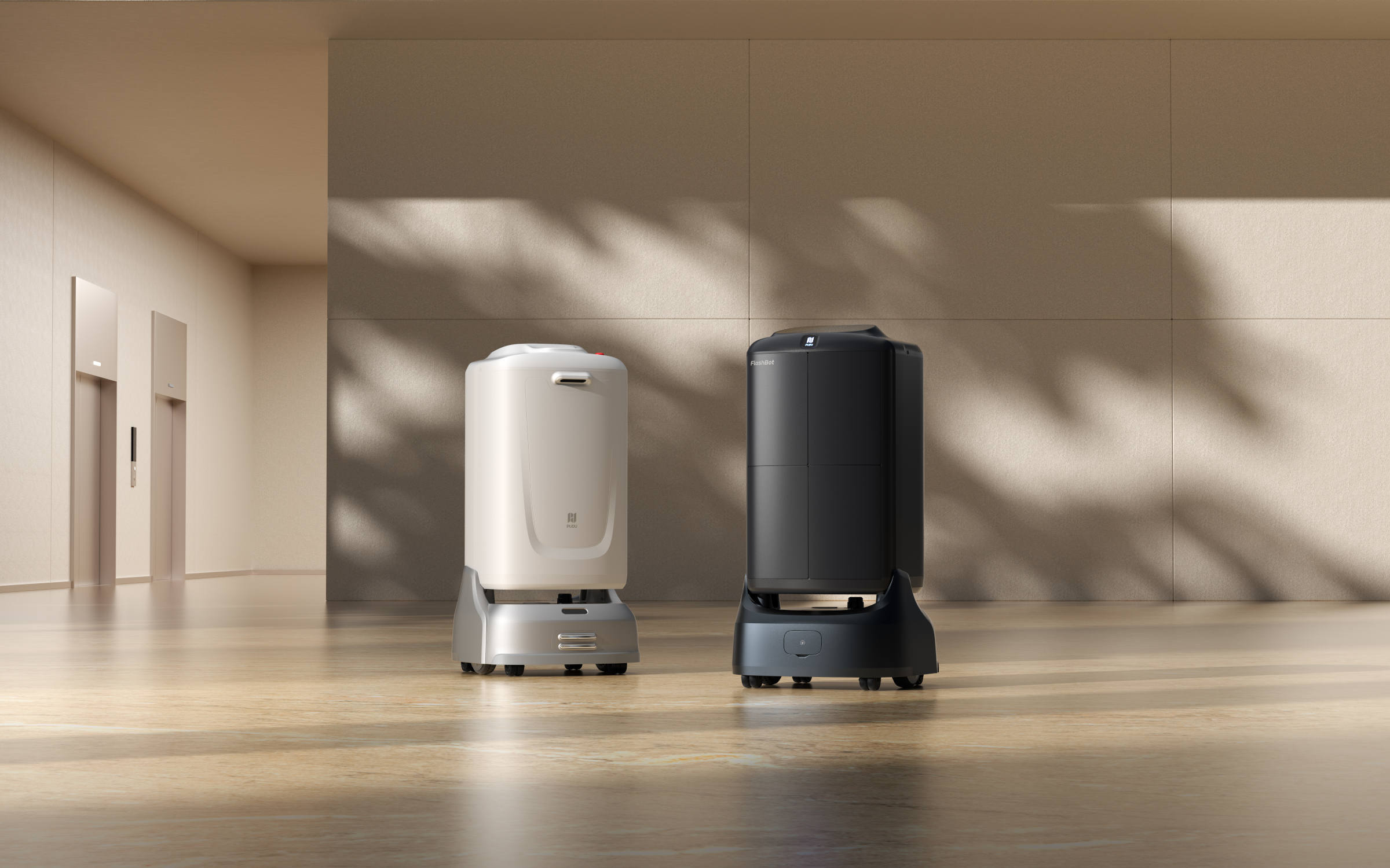 PUDU FlashBot Max building delivery robot black and white models side by side