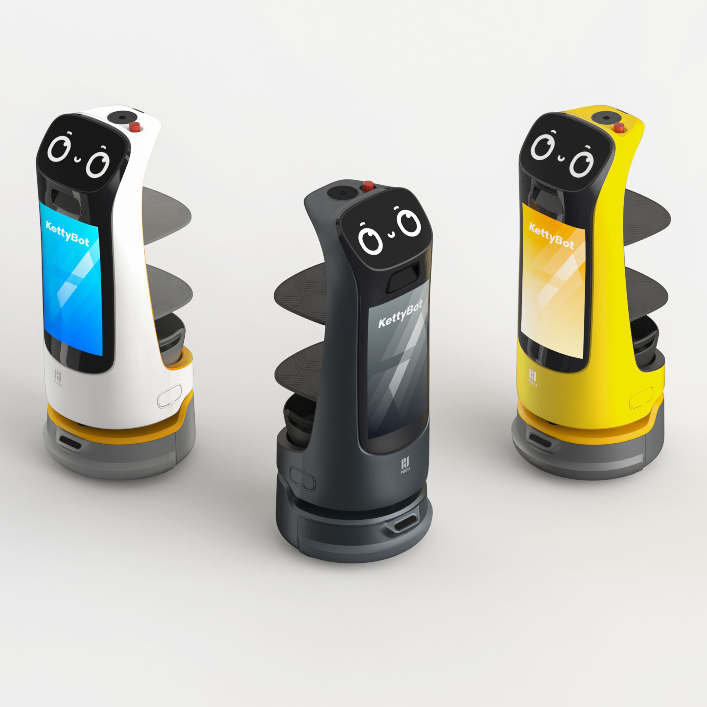 PUDU KettyBot Pro delivery and reception robots in black, white, and yellow angled group view