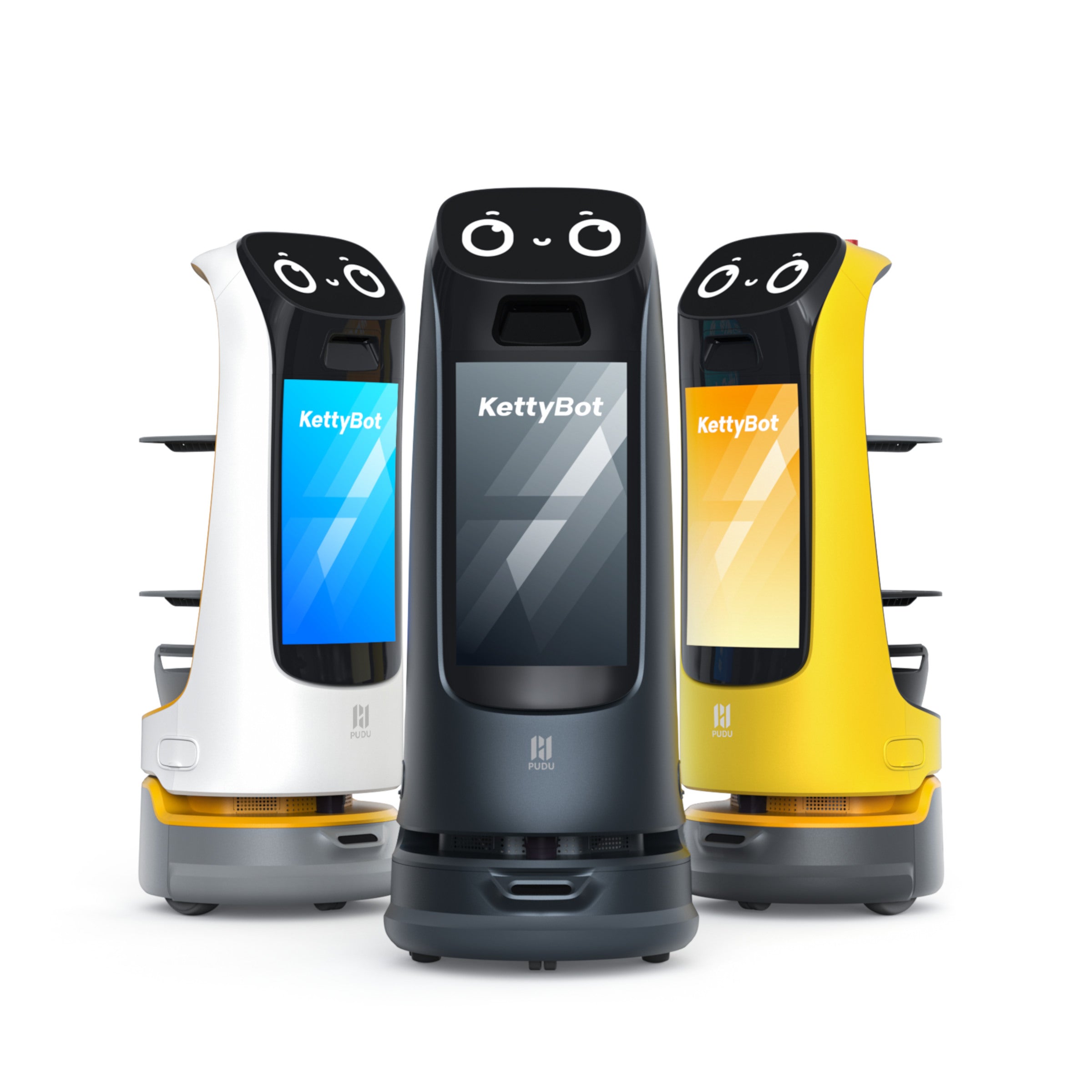 PUDU KettyBot Pro delivery and reception robots in white, black, and yellow models side by side