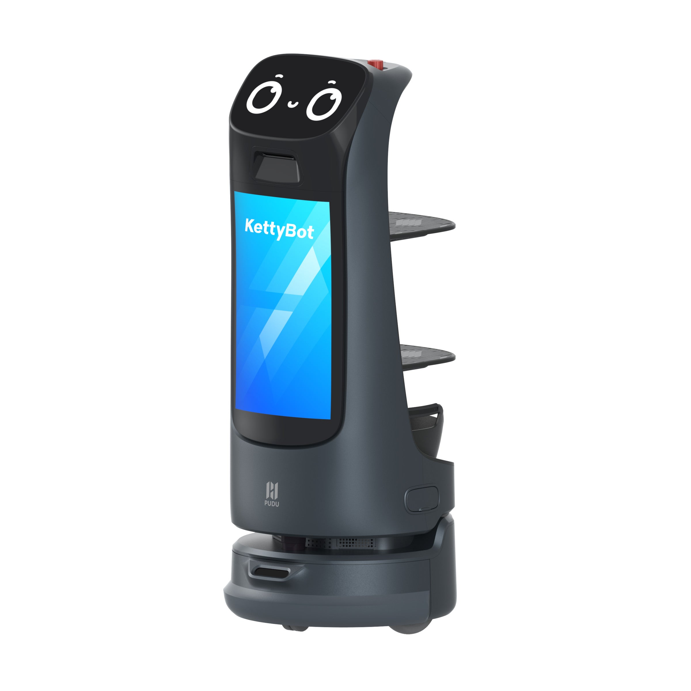 PUDU KettyBot Pro delivery and reception robot right side angle with ad display