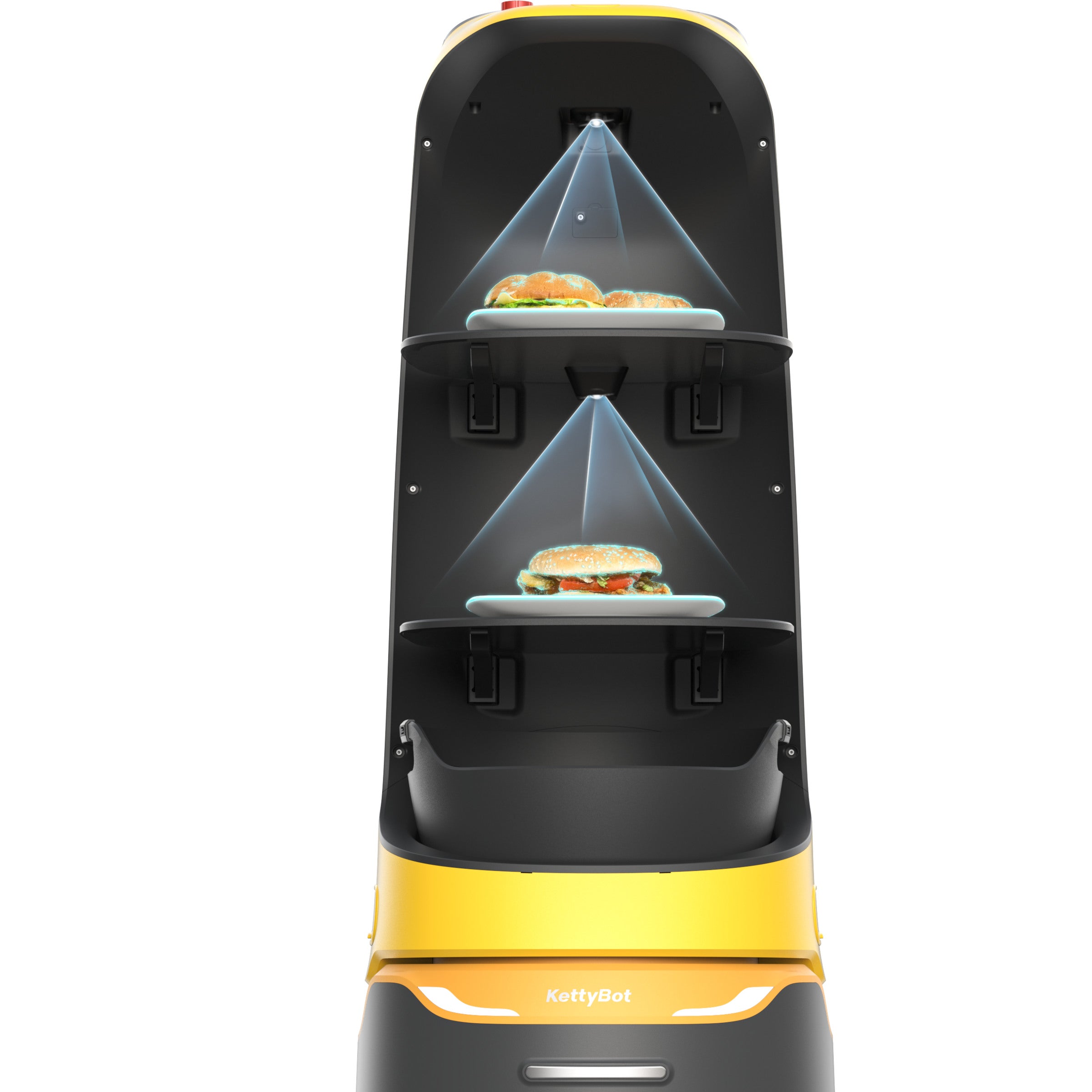 PUDU KettyBot Pro delivery robot with smart tray detection system shown in yellow model