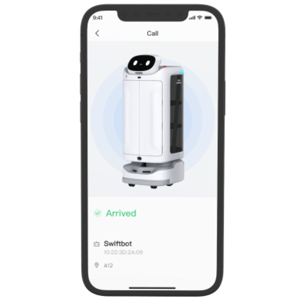 Smartphone displaying the PUDU Link mobile app used for remote calling and task assignment for the SwiftBot.