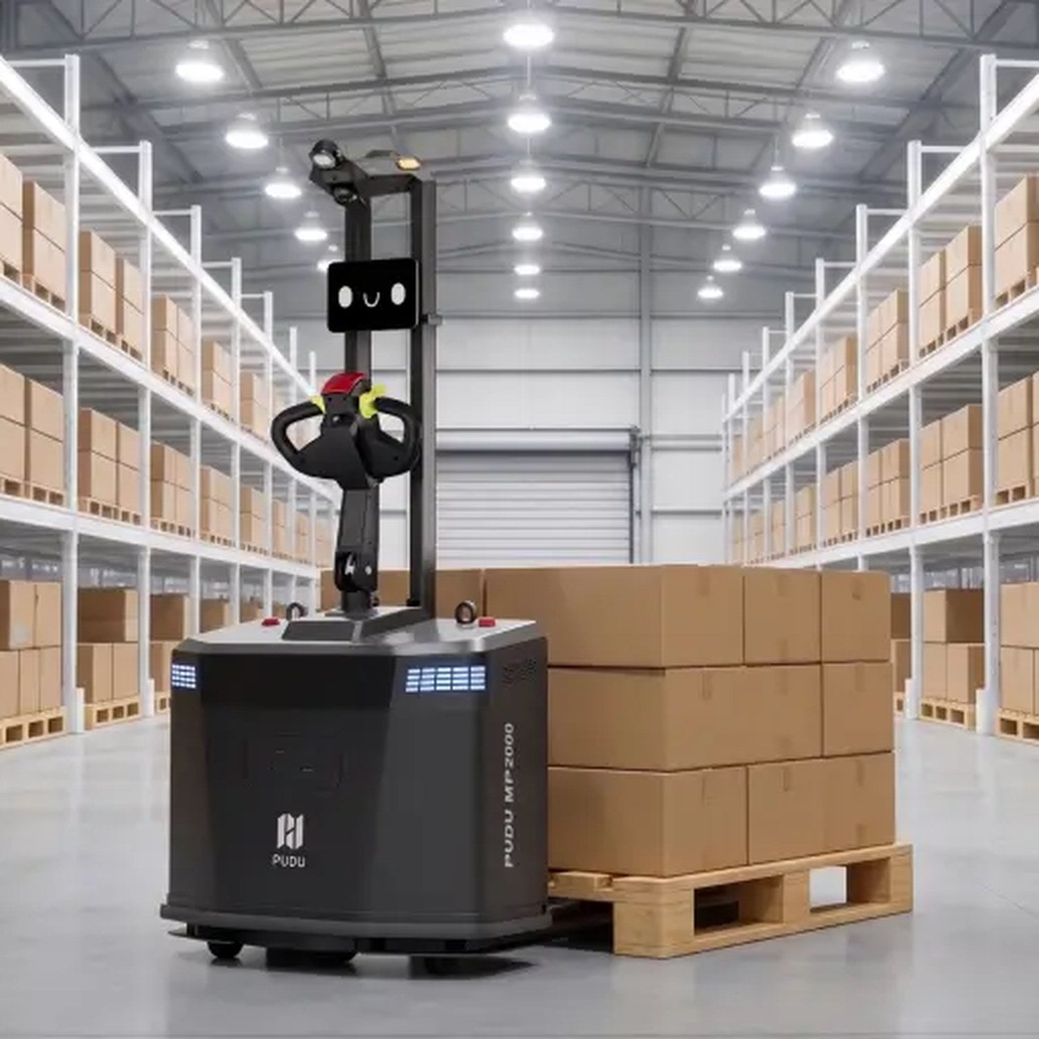 PUDU MP2000 autonomous pallet handling robot moving a pallet of cartons in a distribution centre