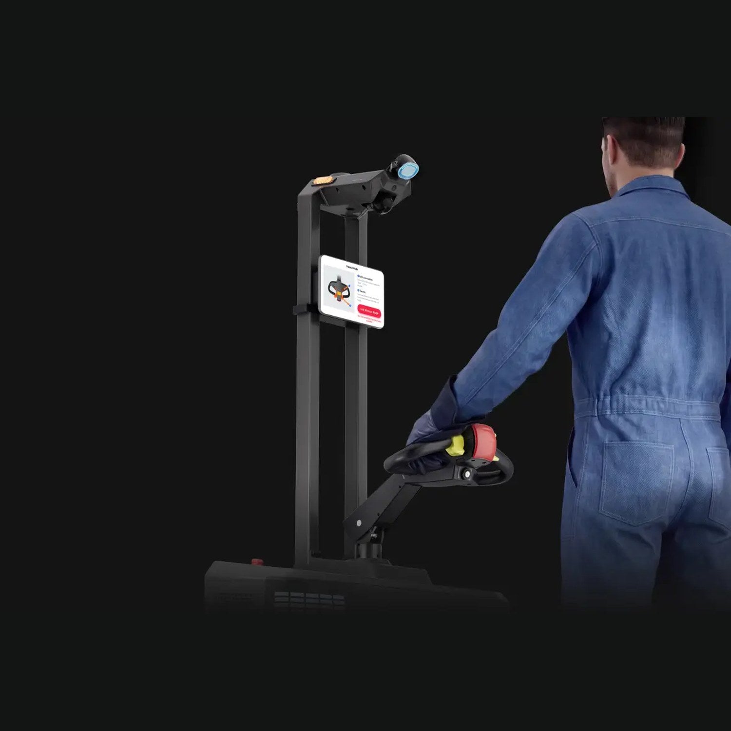 Operator driving the PUDU MP2000 autonomous pallet handling robot in manual mode