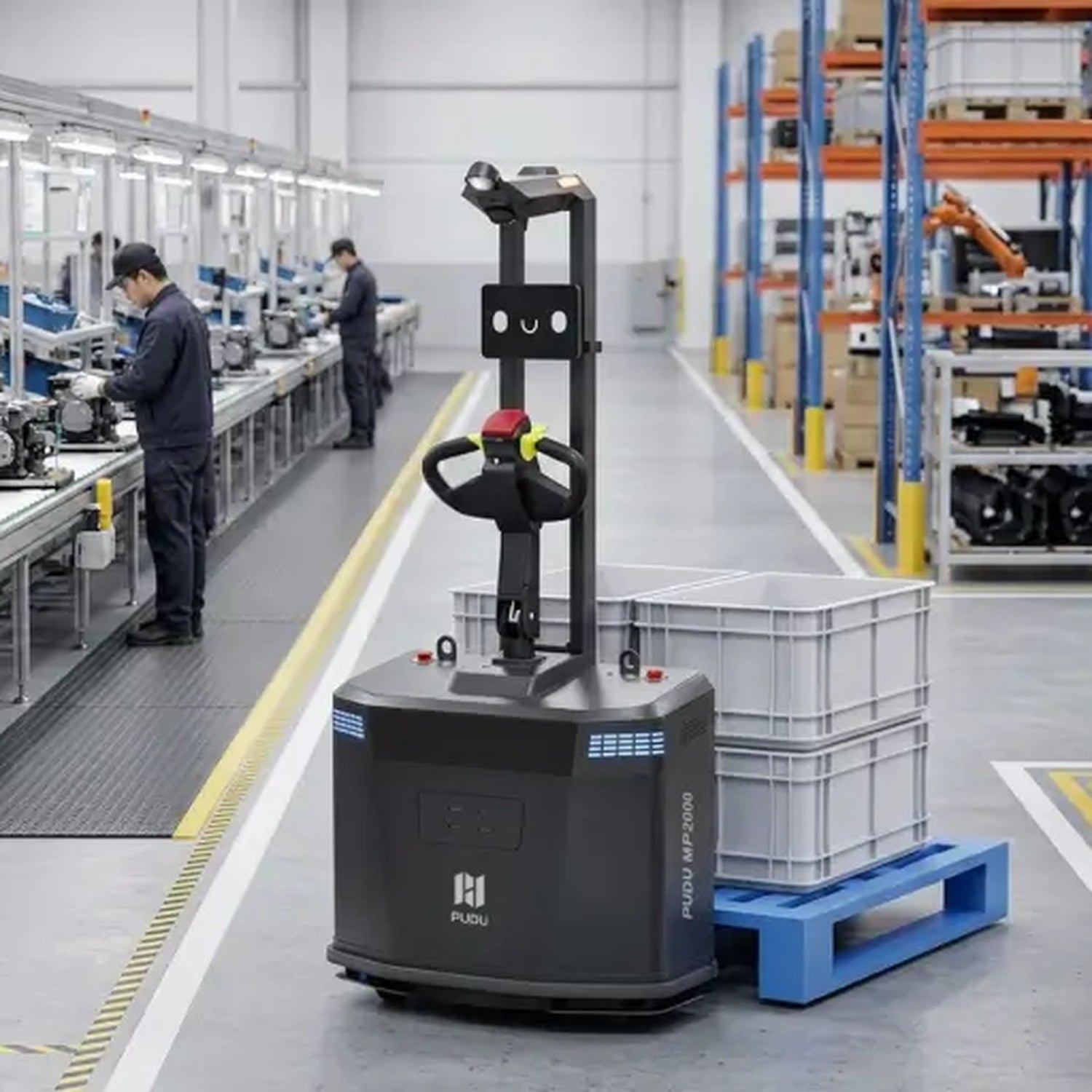 PUDU MP2000 autonomous pallet handling robot delivering materials line-side on a factory floor