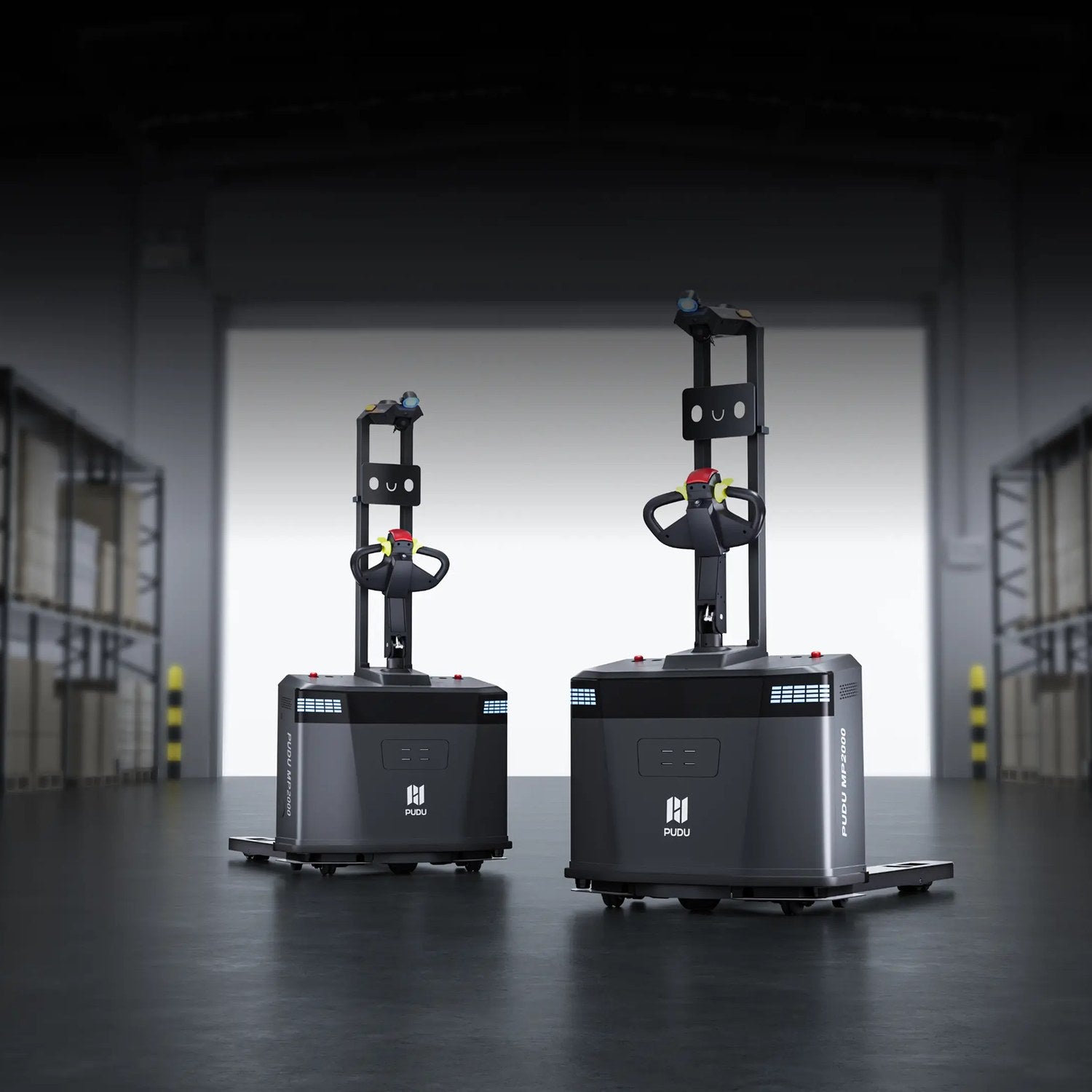 Two PUDU MP2000 autonomous pallet handling robots working a warehouse aisle