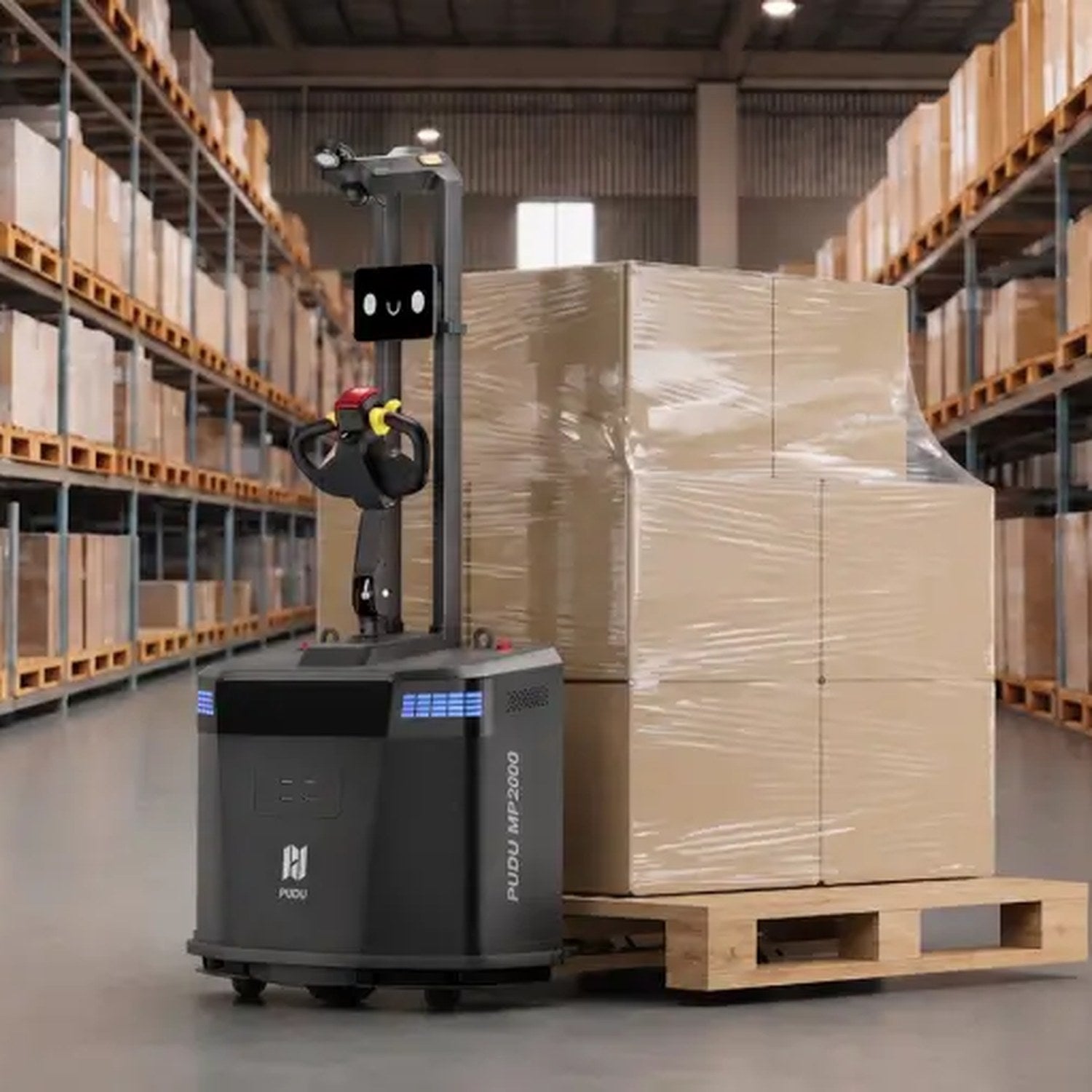 PUDU MP2000 autonomous pallet handling robot lifting a loaded pallet in a warehouse aisle