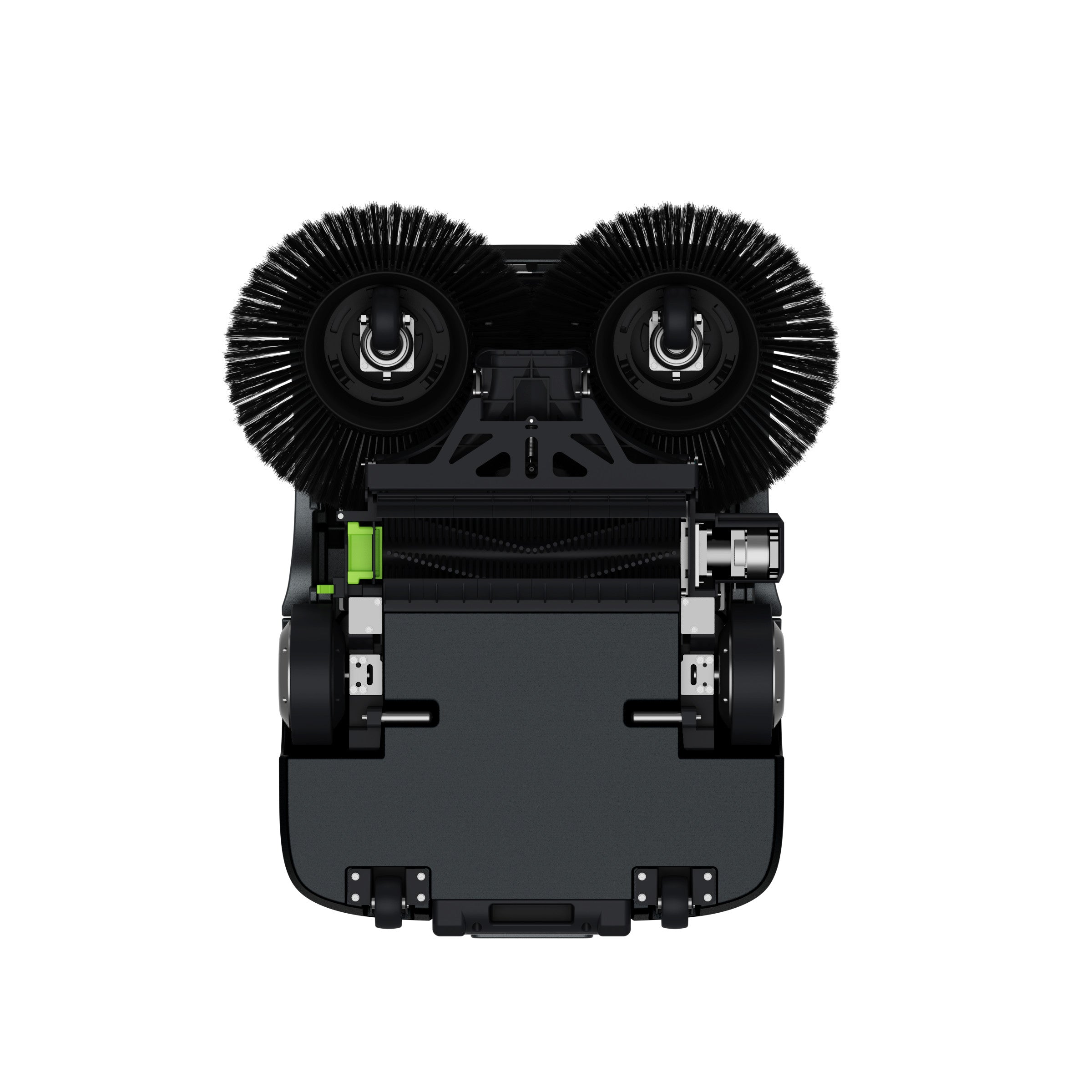 PUDU MT1 AI powered robotic sweeper bottom view with dual disc brushes and mechanism