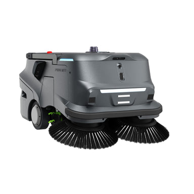 PUDU MT1 AI robotic sweeper front left angle showing compact design and side brush
