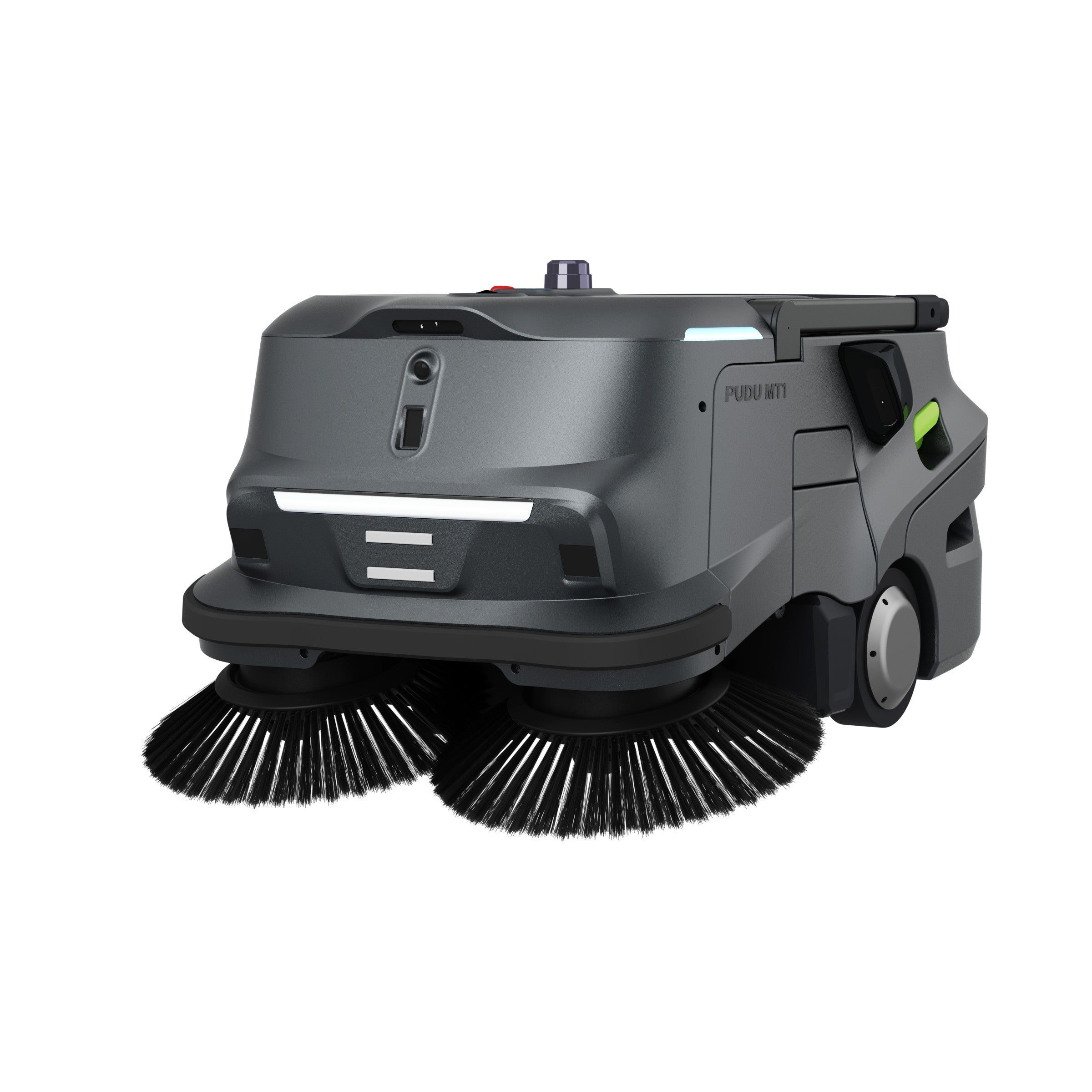 PUDU MT1 AI robotic sweeper front right angle highlighting dual sweeping brushes