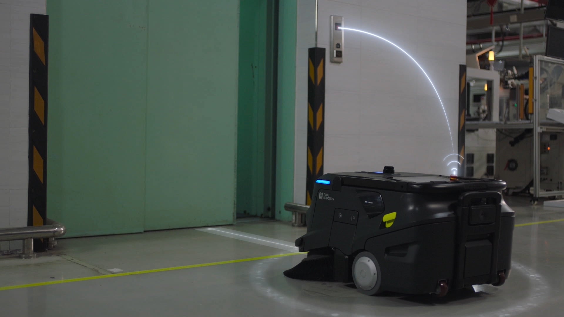 PUDU MT1 AI powered robotic sweeper using IOT integration to call the lift