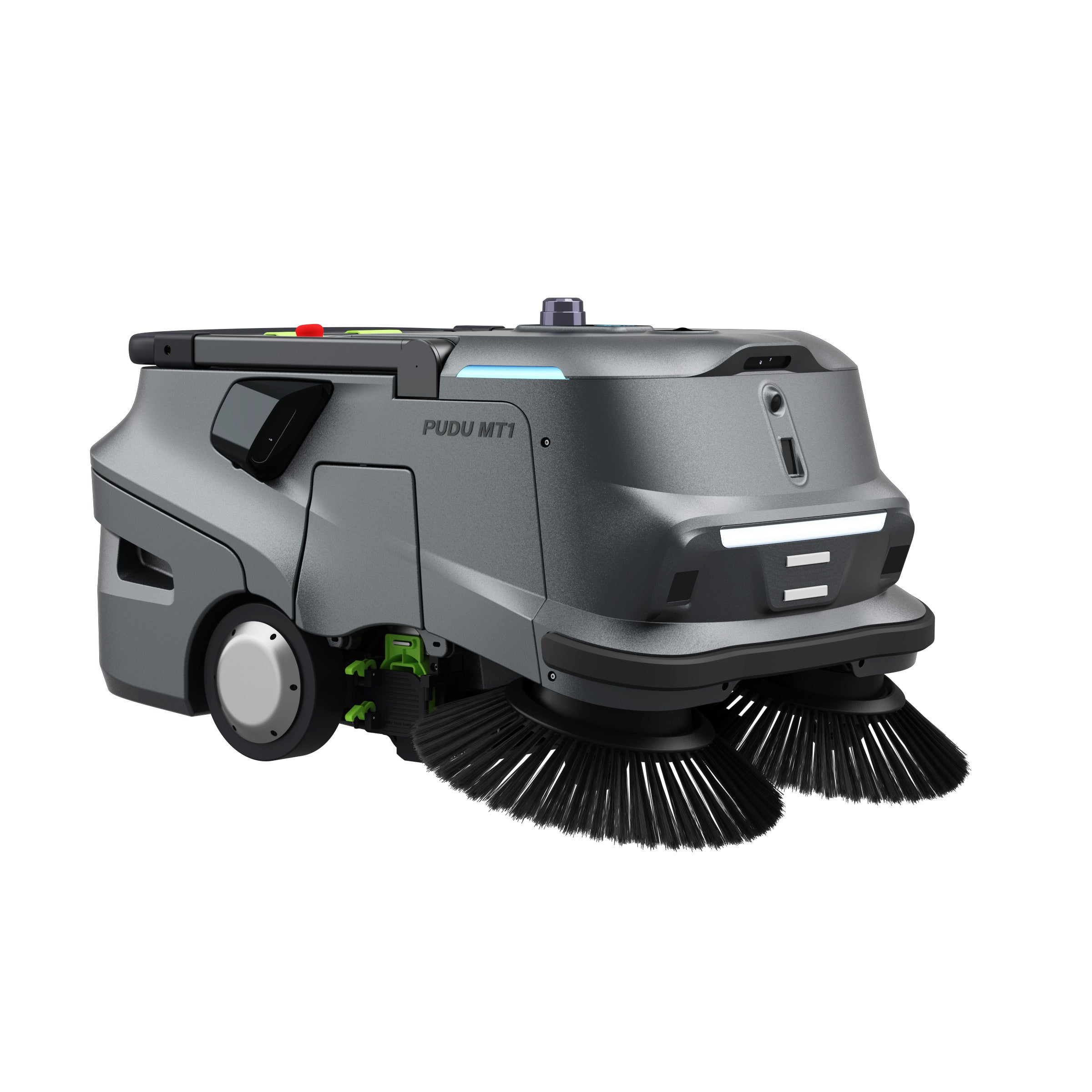 PUDU MT1 AI robotic sweeper front left angle showing compact design and side brush