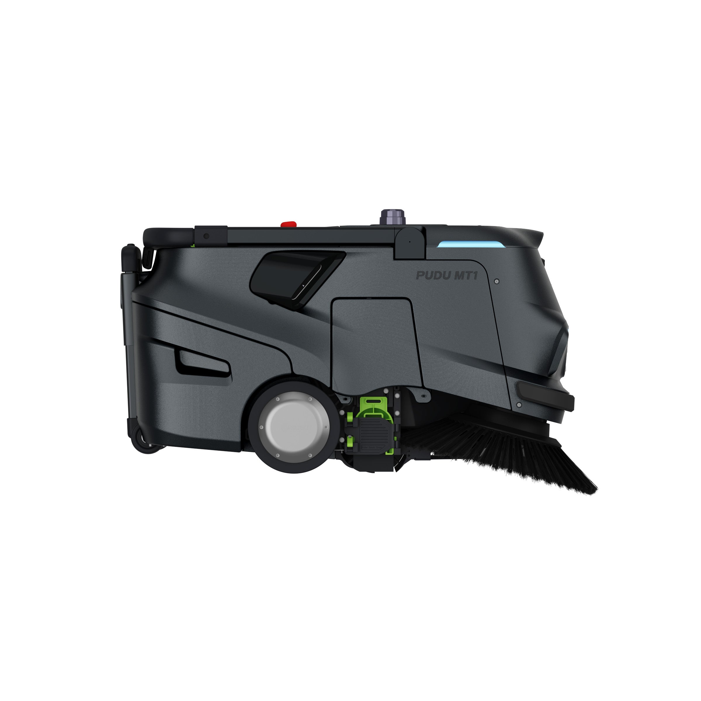 PUDU MT1 AI powered robotic sweeper left side view showing sensors and wheels