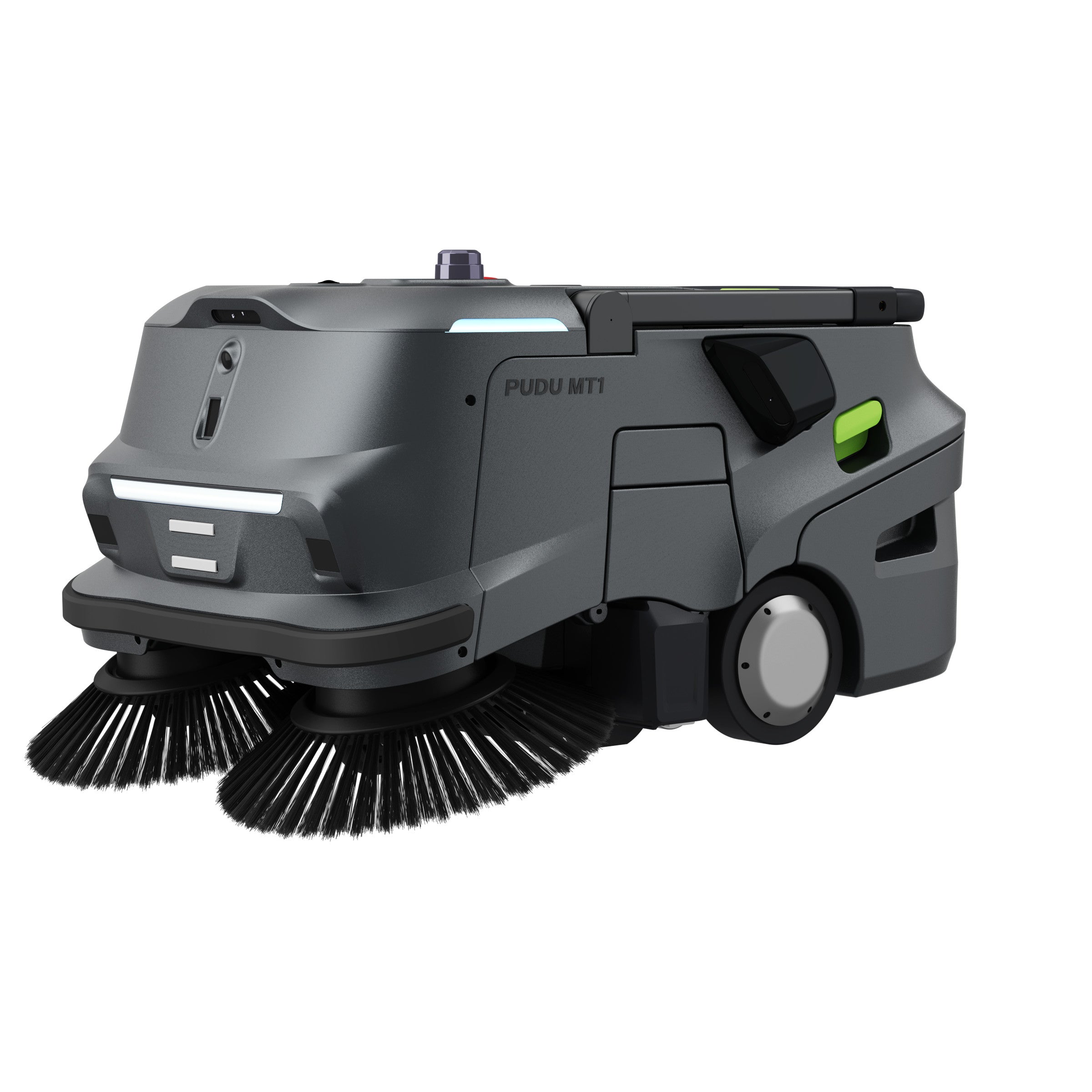 PUDU MT1 AI robotic sweeper right angle showing side brush and wheel housing
