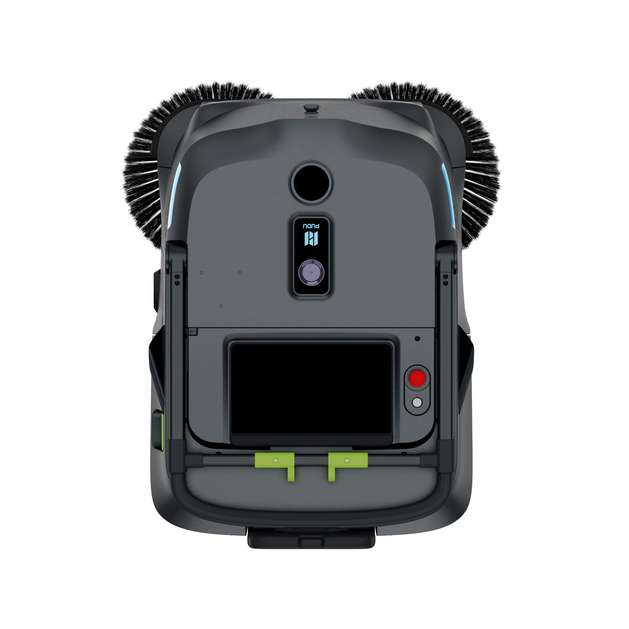 PUDU MT1 AI powered robotic sweeper top view showing control panel and dual brushes