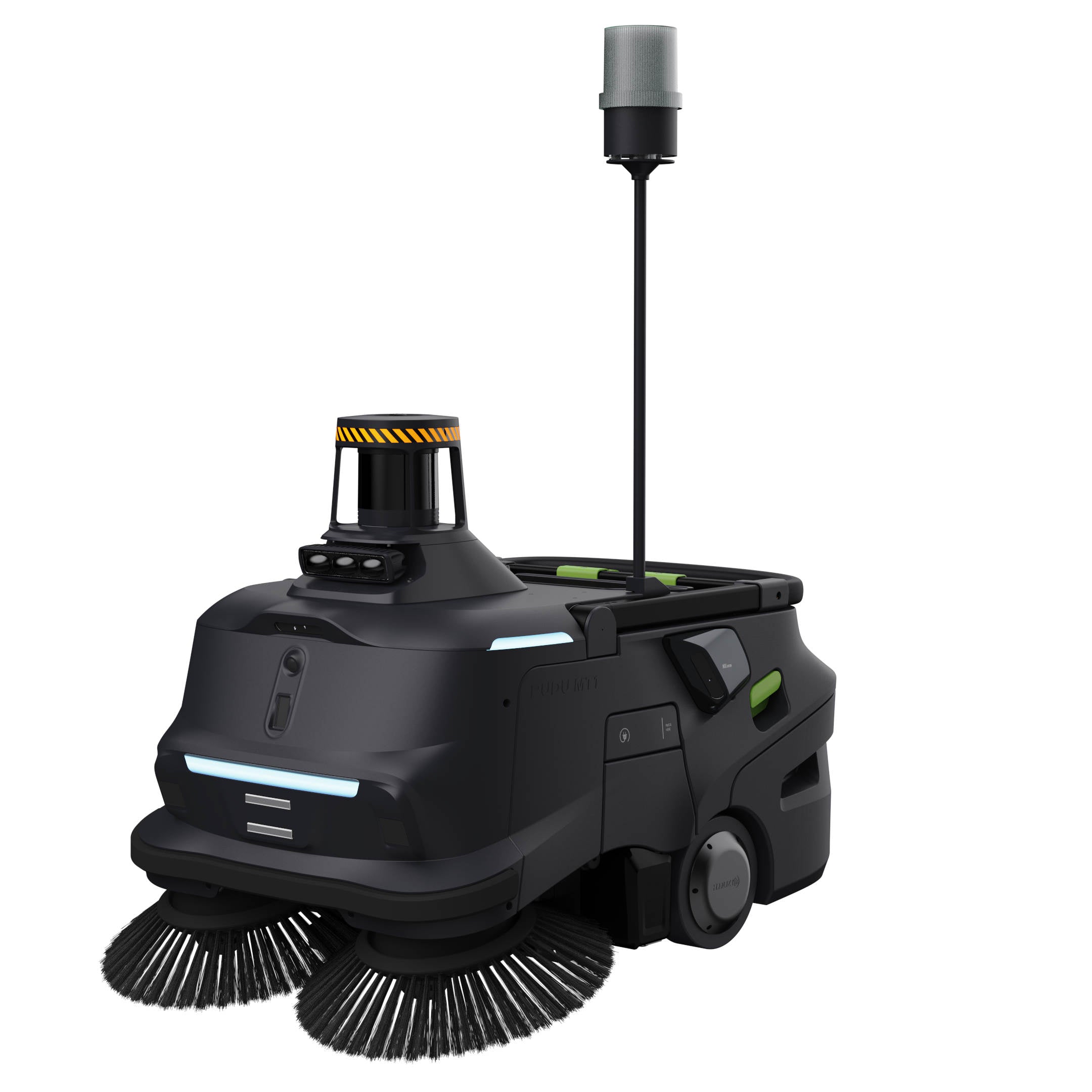 PUDU MT1 Max robotic sweeper front left angle showing sensors and brushes