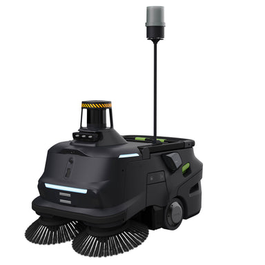 PUDU MT1 Max robotic sweeper front left angle showing sensors and brushes