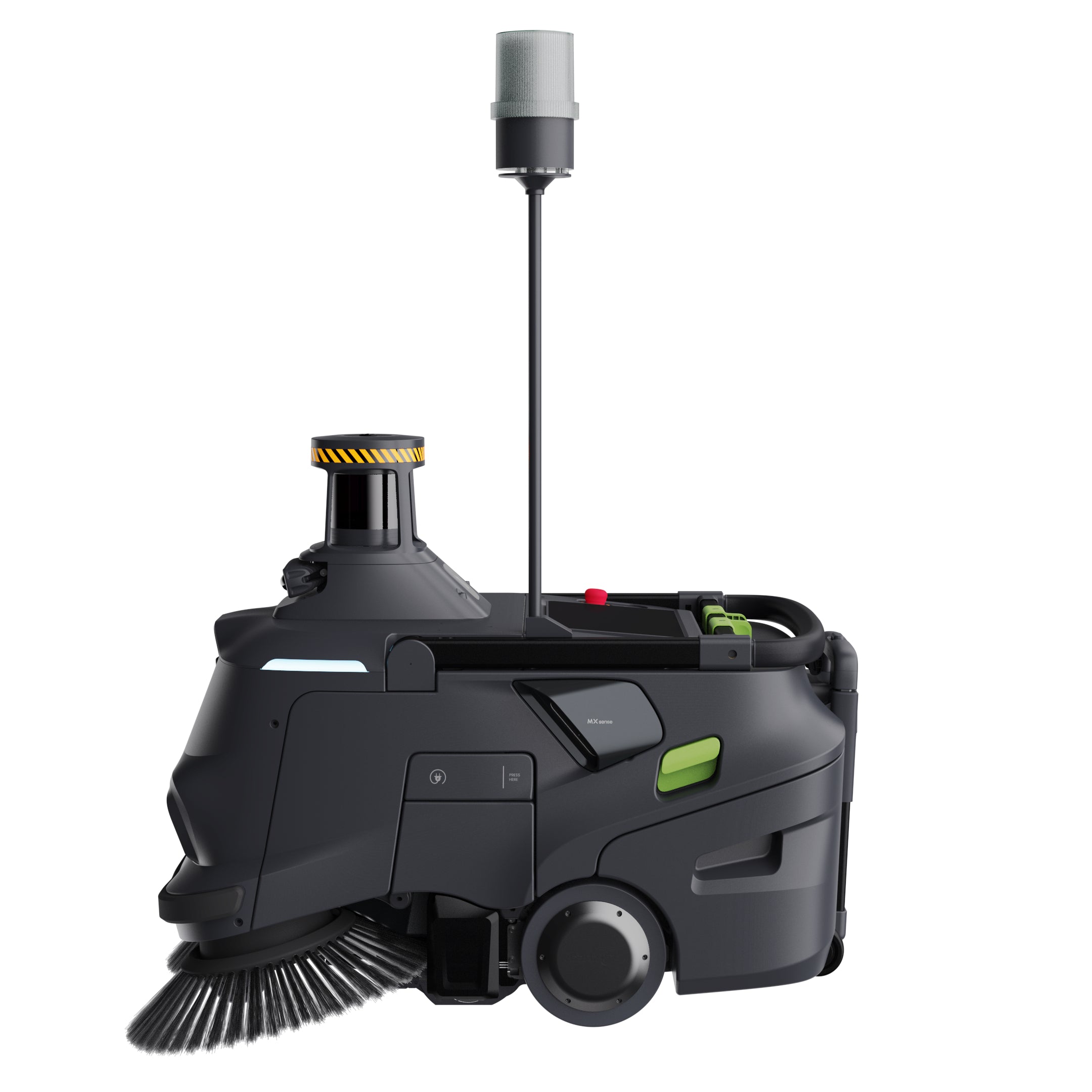 PUDU MT1 Max AI powered robotic sweeper left side profile with safety light