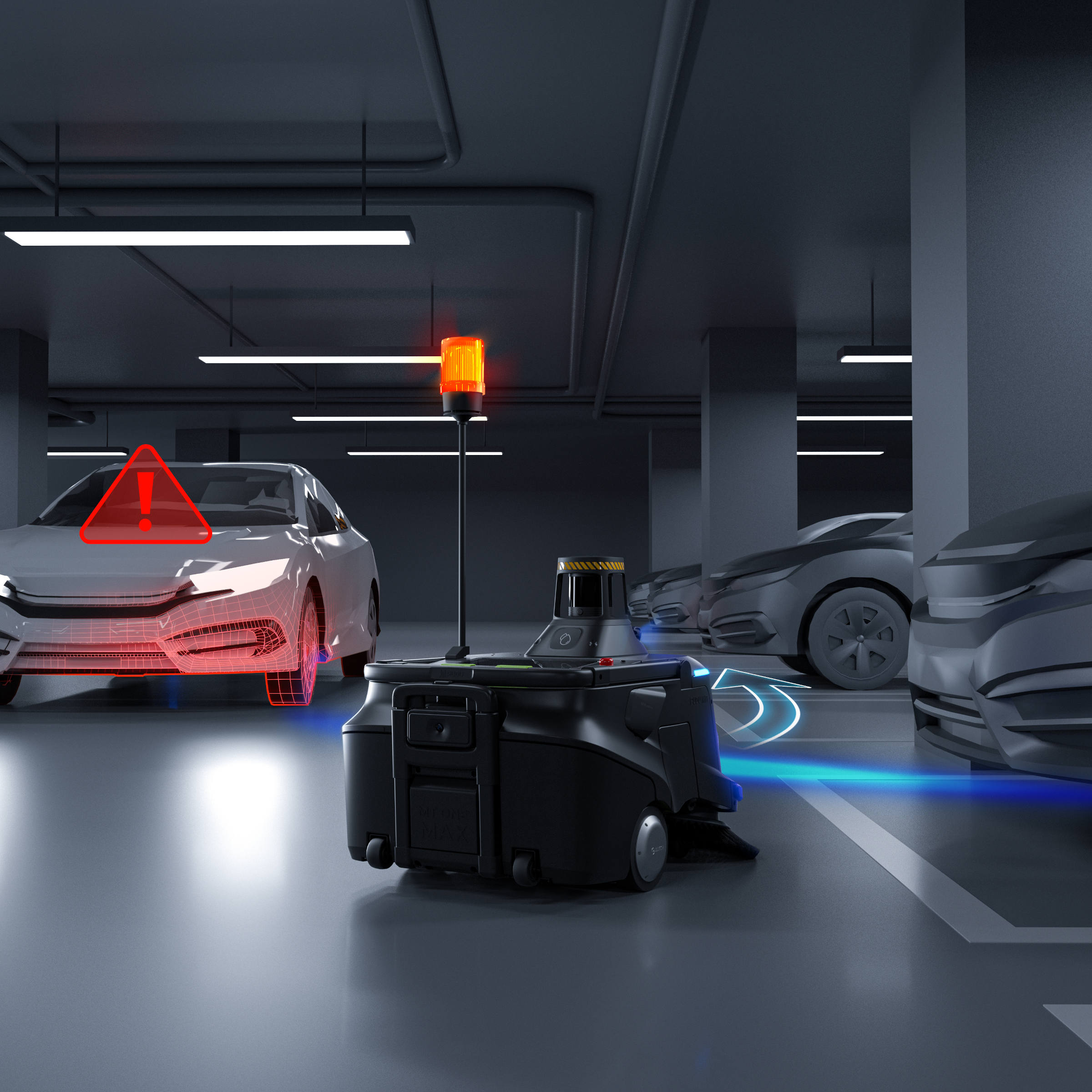 PUDU MT1 Max robotic sweeper avoiding a car