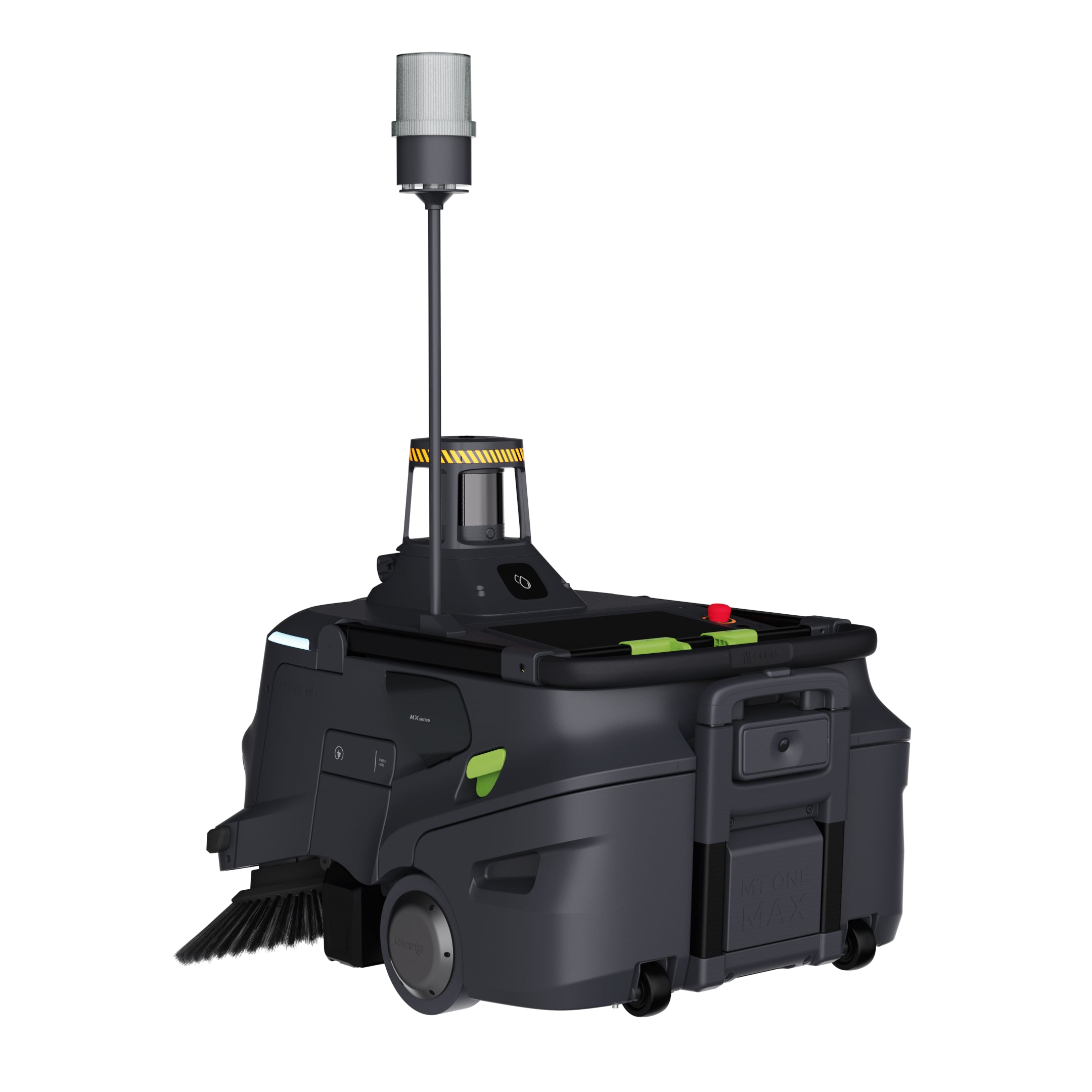 PUDU MT1 Max robotic sweeper rear left side profile showing elevated warning light