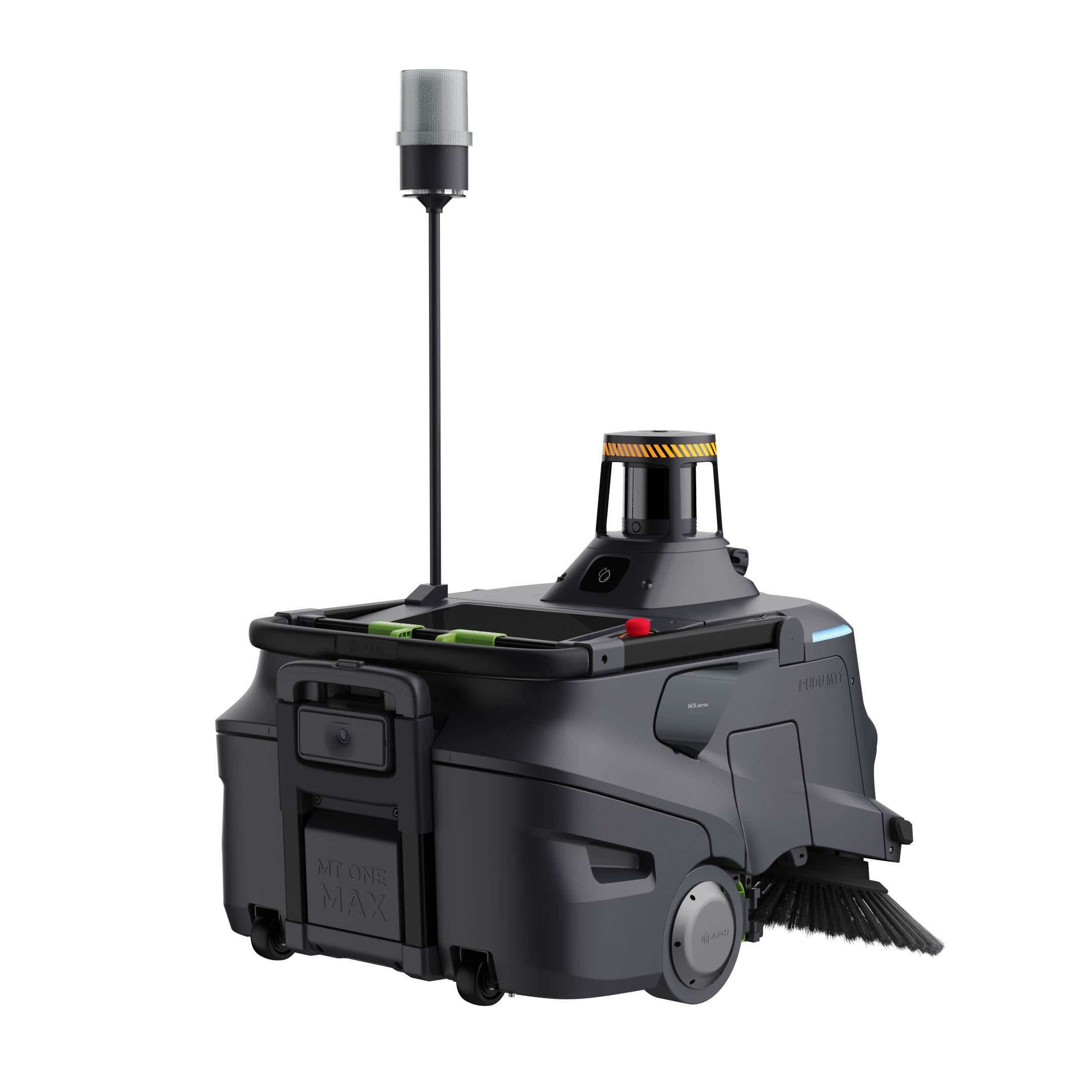 PUDU MT1 Max robotic sweeper rear right side profile showing elevated warning light