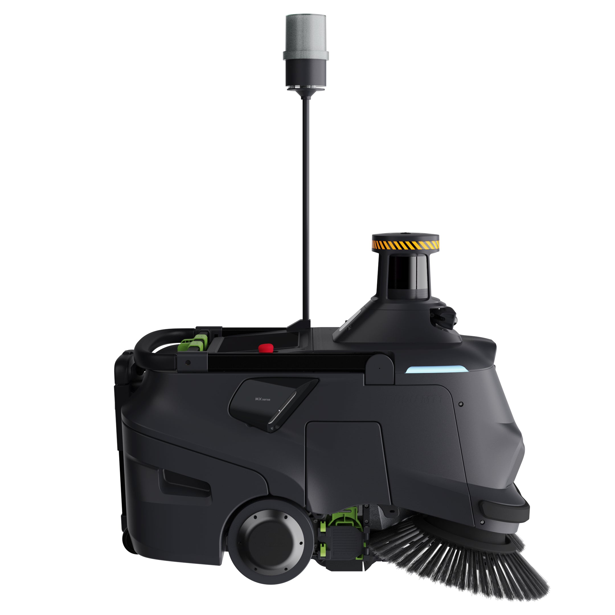 PUDU MT1 Max robotic sweeper right side profile showing elevated warning light