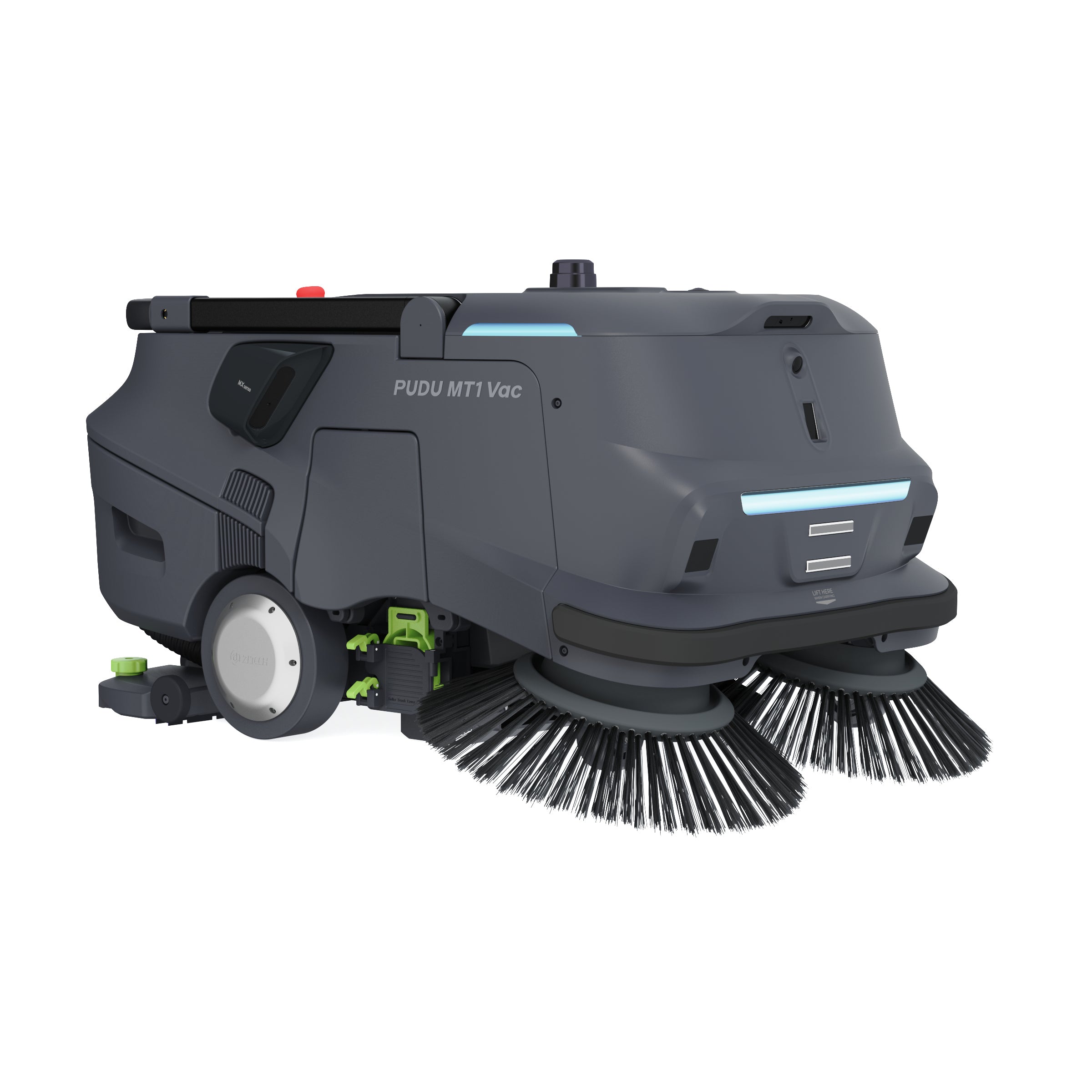 PUDU MT1 Vac robotic sweeper and vacuum front left angle showing design and brushes