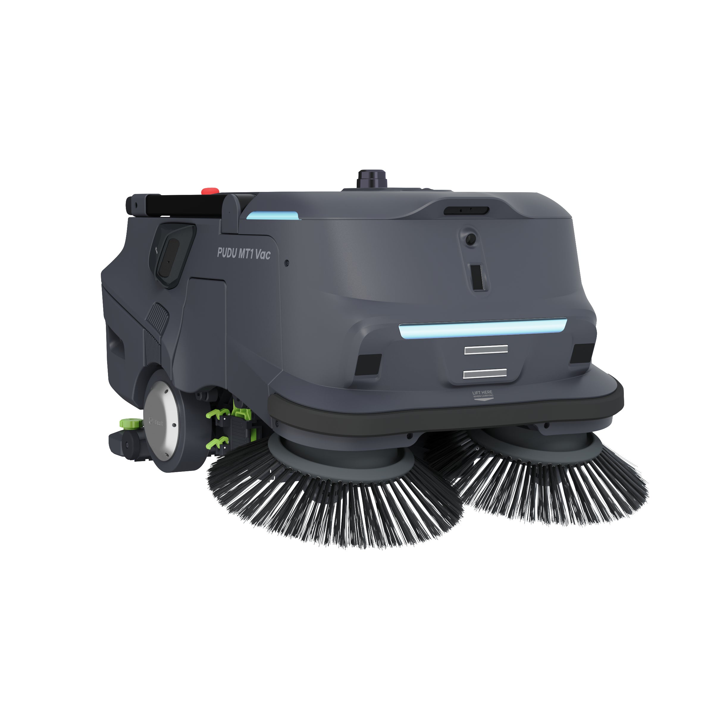 PUDU MT1 Vac robotic sweeper and vacuum front left angle showing design and brushes