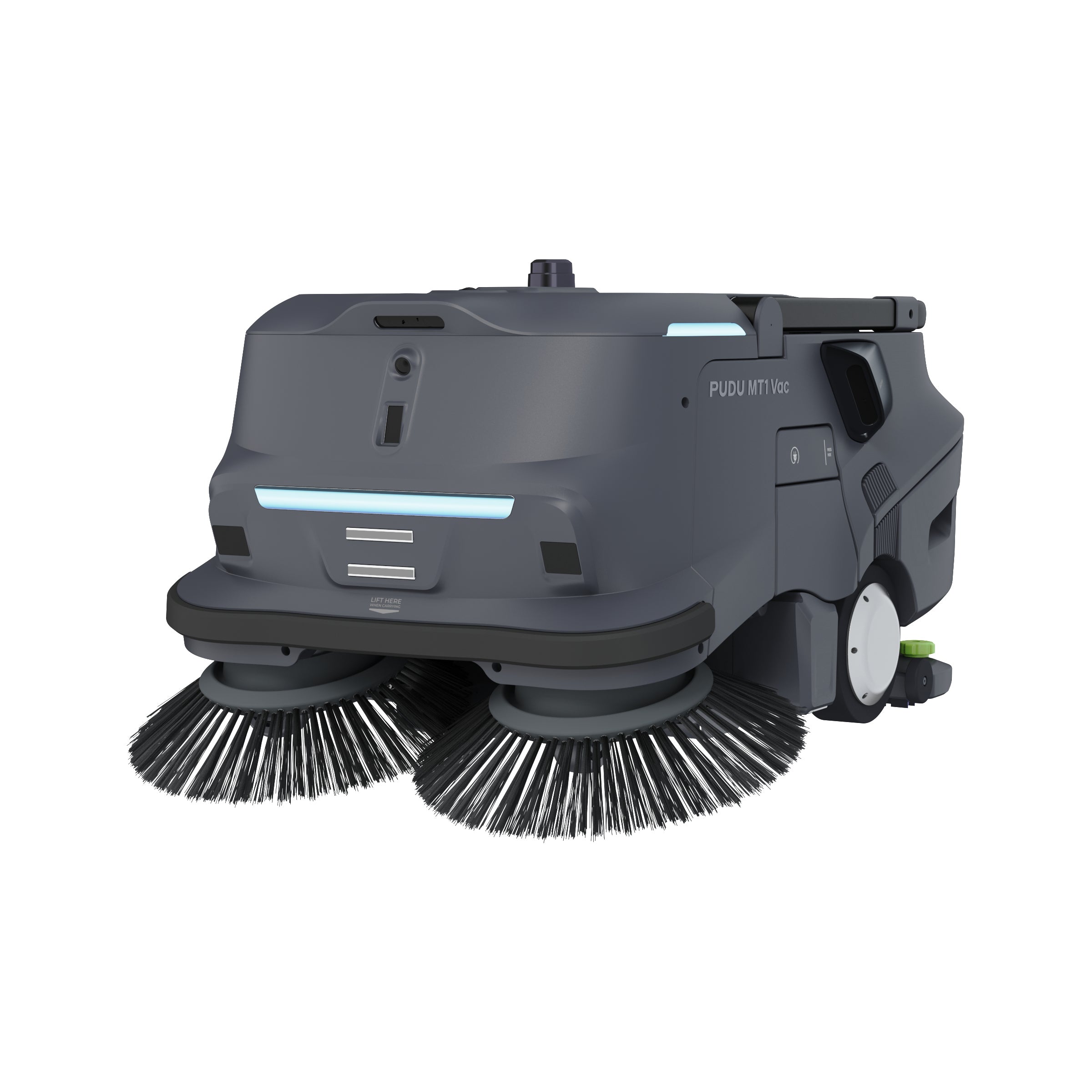 PUDU MT1 Vac robotic sweeper and vacuum front right angle with suction path visible