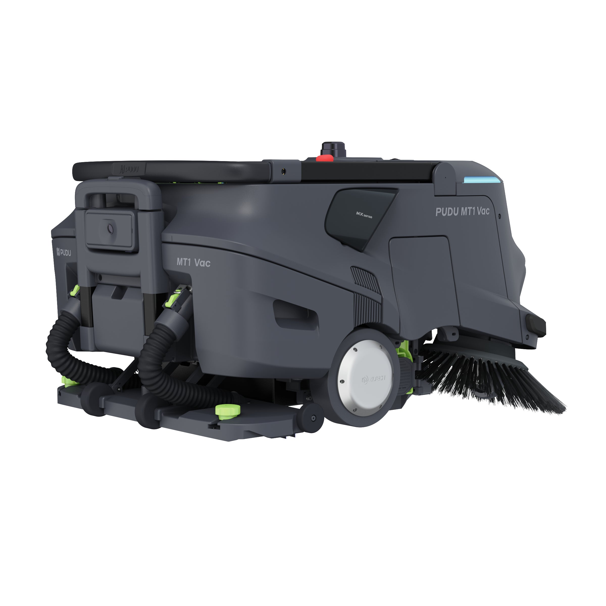 PUDU MT1 Vac AI powered robotic sweeper and vacuum rear view with handle and docking port