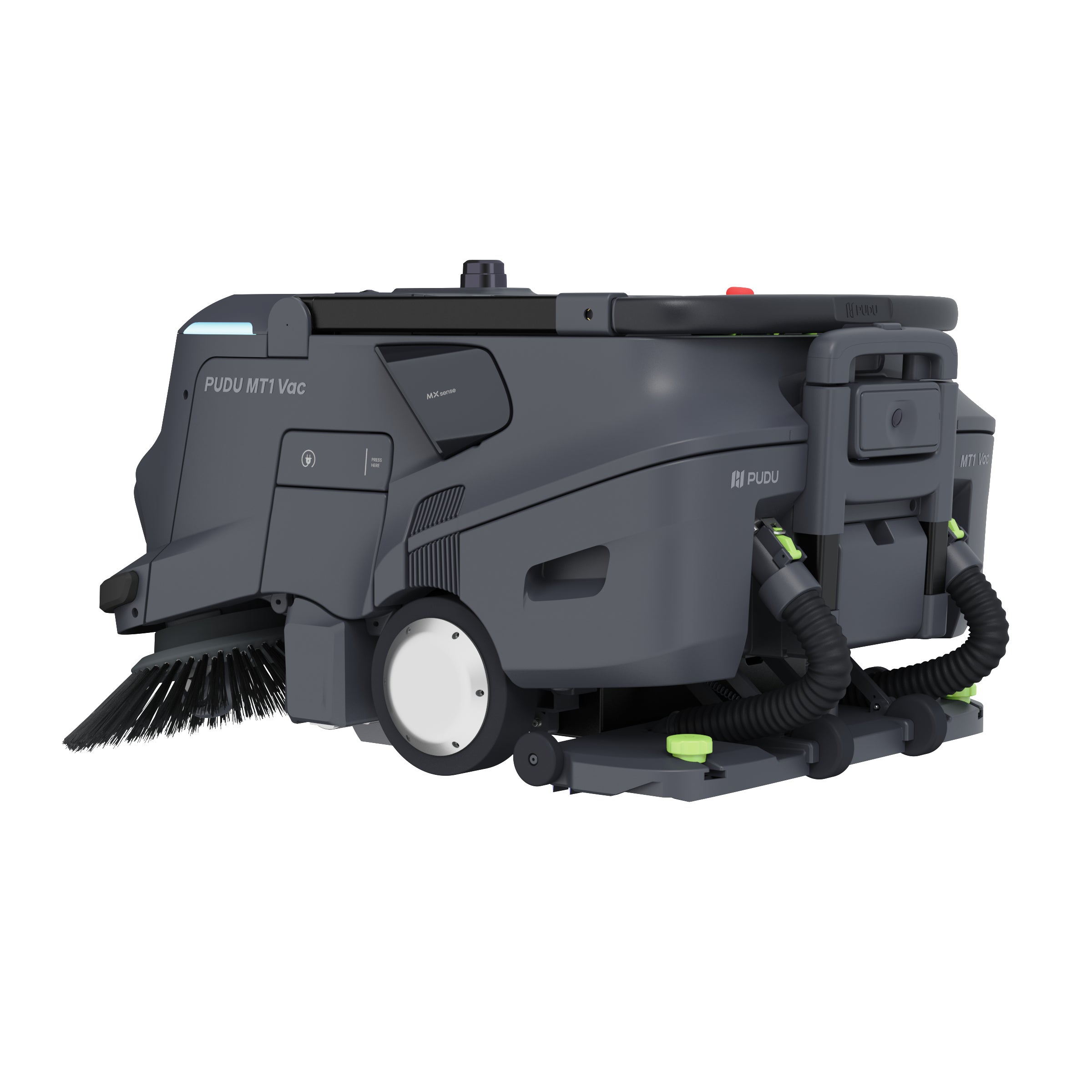 PUDU MT1 Vac AI powered robotic sweeper and vacuum rear view with handle and docking port