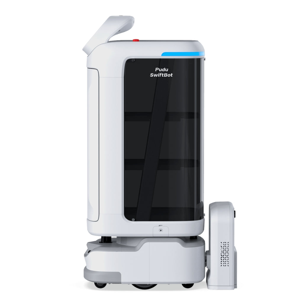 PUDU SwiftBot standard model with automatic doors docking at its charging station for 24/7 operation.