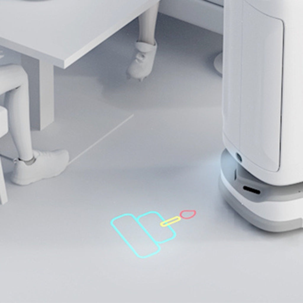 PUDU SwiftBot projecting a festive birthday cake symbol on the floor for special celebration mode.