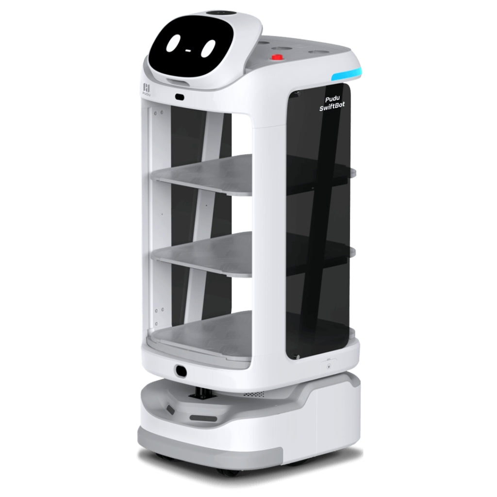 Isometric view of the PUDU SwiftBot doorless model featuring open trays for quick loading and unloading in high-traffic areas.