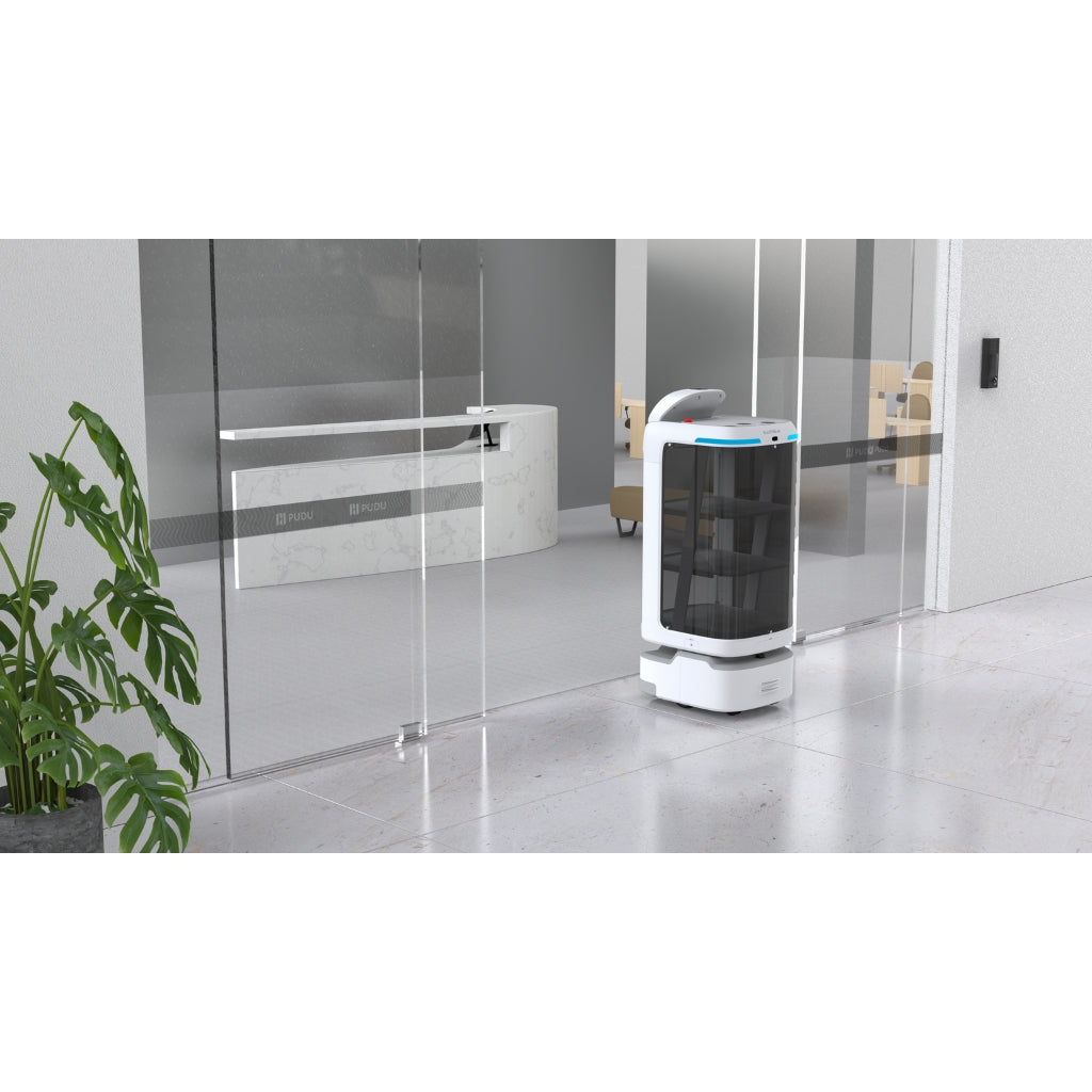 PUDU SwiftBot entering through automatic security glass doors for secure delivery.