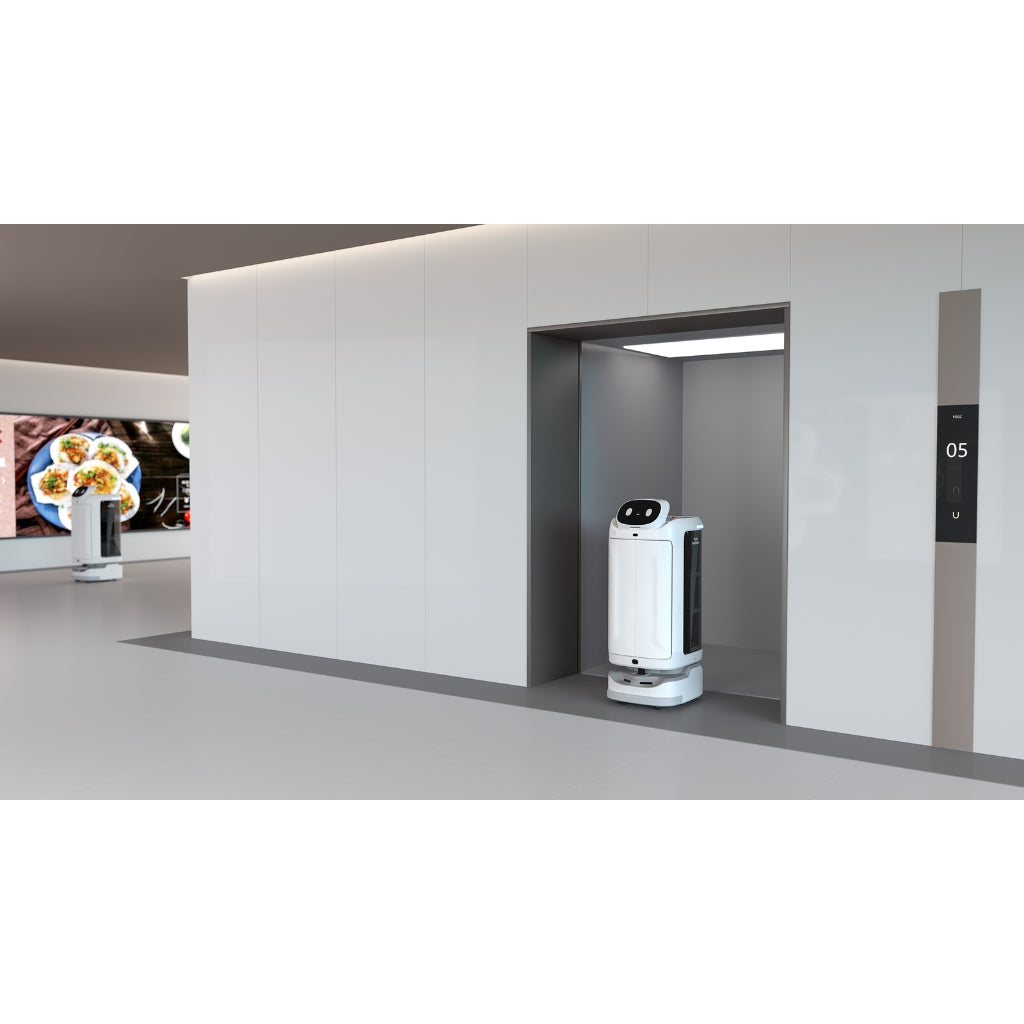 PUDU SwiftBot inside an elevator during inter-floor transit, suitable for secure document or item delivery.