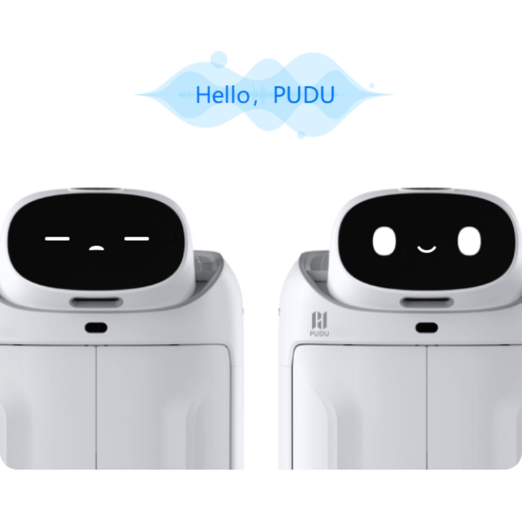 Two PUDU SwiftBot robots displaying "Hello, PUDU" on their screens, demonstrating friendly social interaction capabilities.