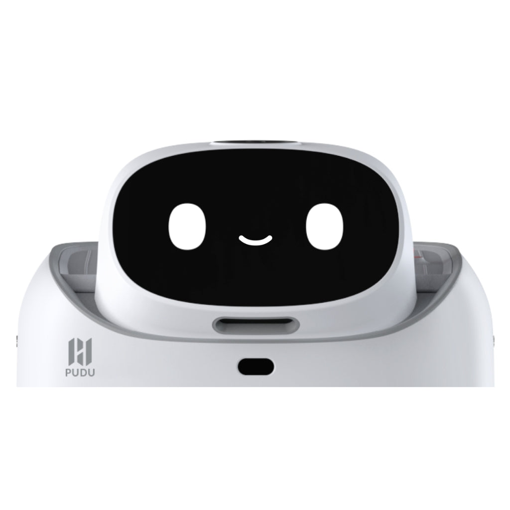 Close-up of the PUDU SwiftBot head featuring an interactive display with friendly expressions for human-robot interaction.