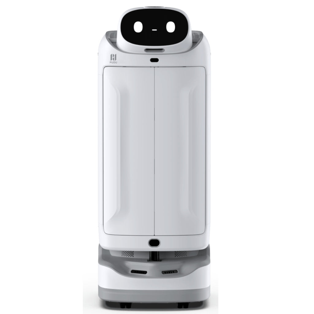 Front view of the PUDU SwiftBot standard model featuring closed automatic electric doors for secure delivery.