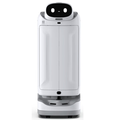 Front view of the PUDU SwiftBot standard model featuring closed automatic electric doors for secure delivery.