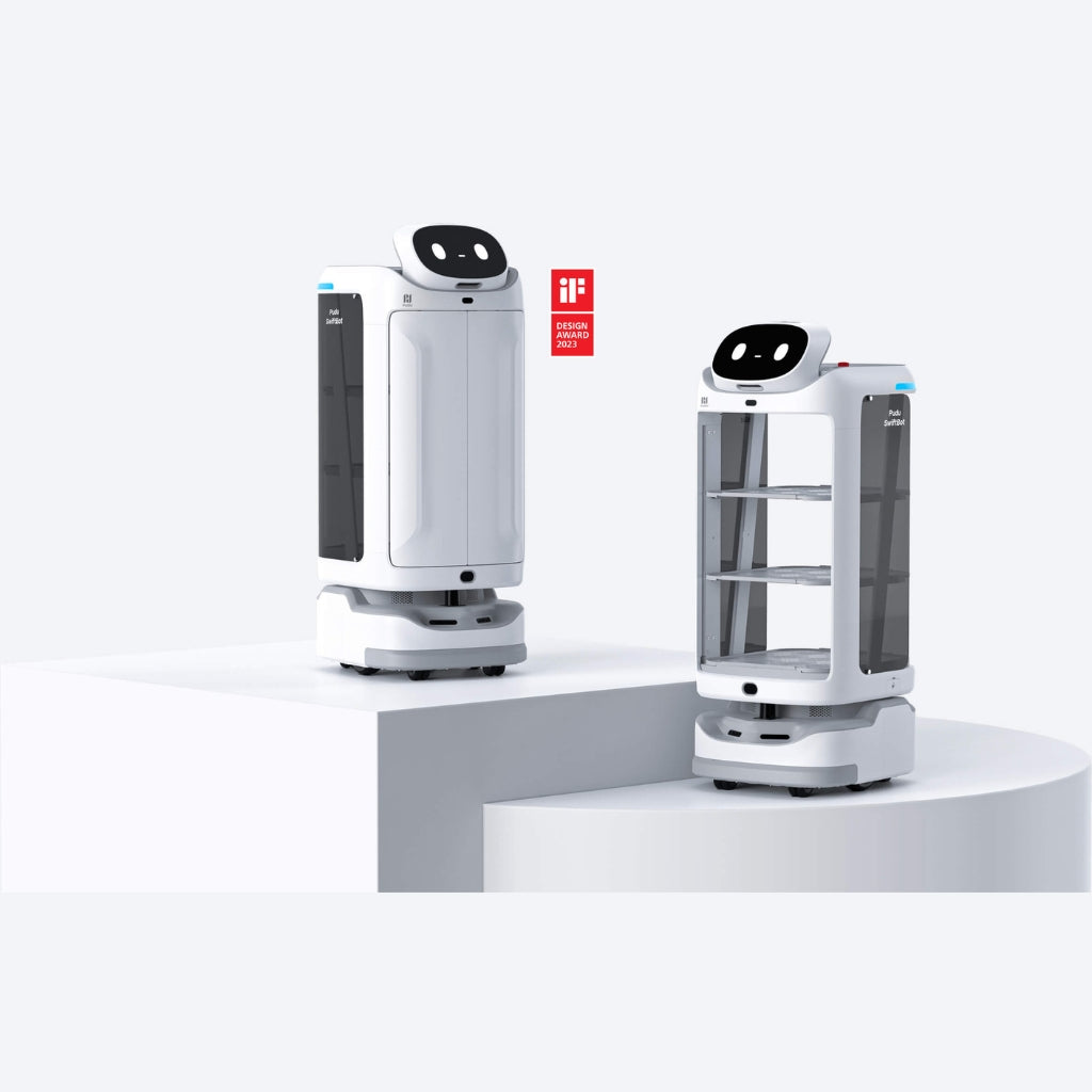 PUDU SwiftBot series showcasing both the standard model with automatic doors and the doorless open-tray model side-by-side.