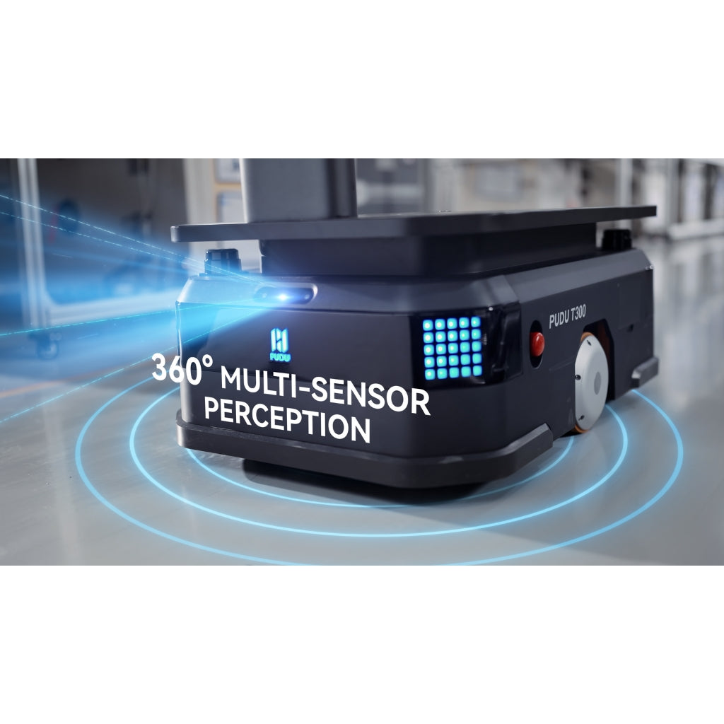 Illustration of the 360-degree multi-sensor safety system on the PUDU T300 for obstacle avoidance.