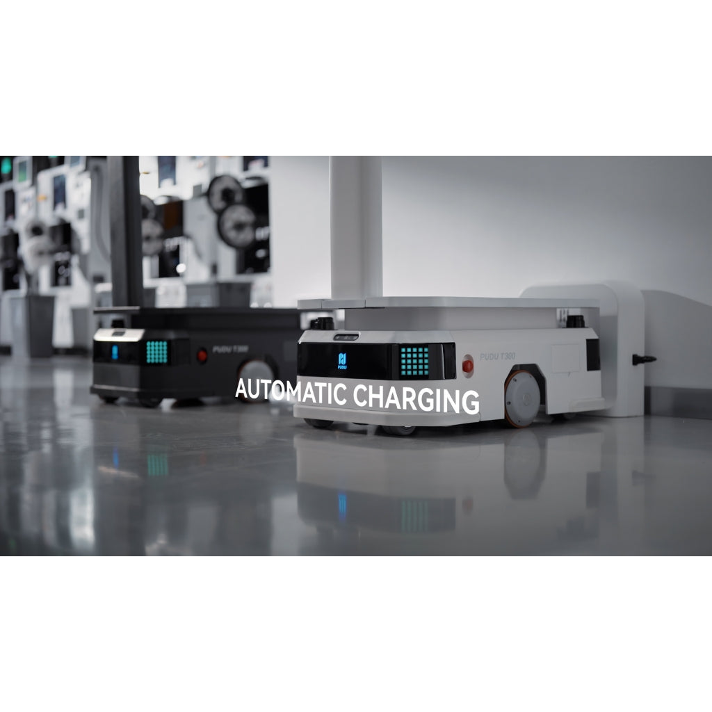 PUDU T300 automatically returning to its charging dock for 24/7 continuous operation.