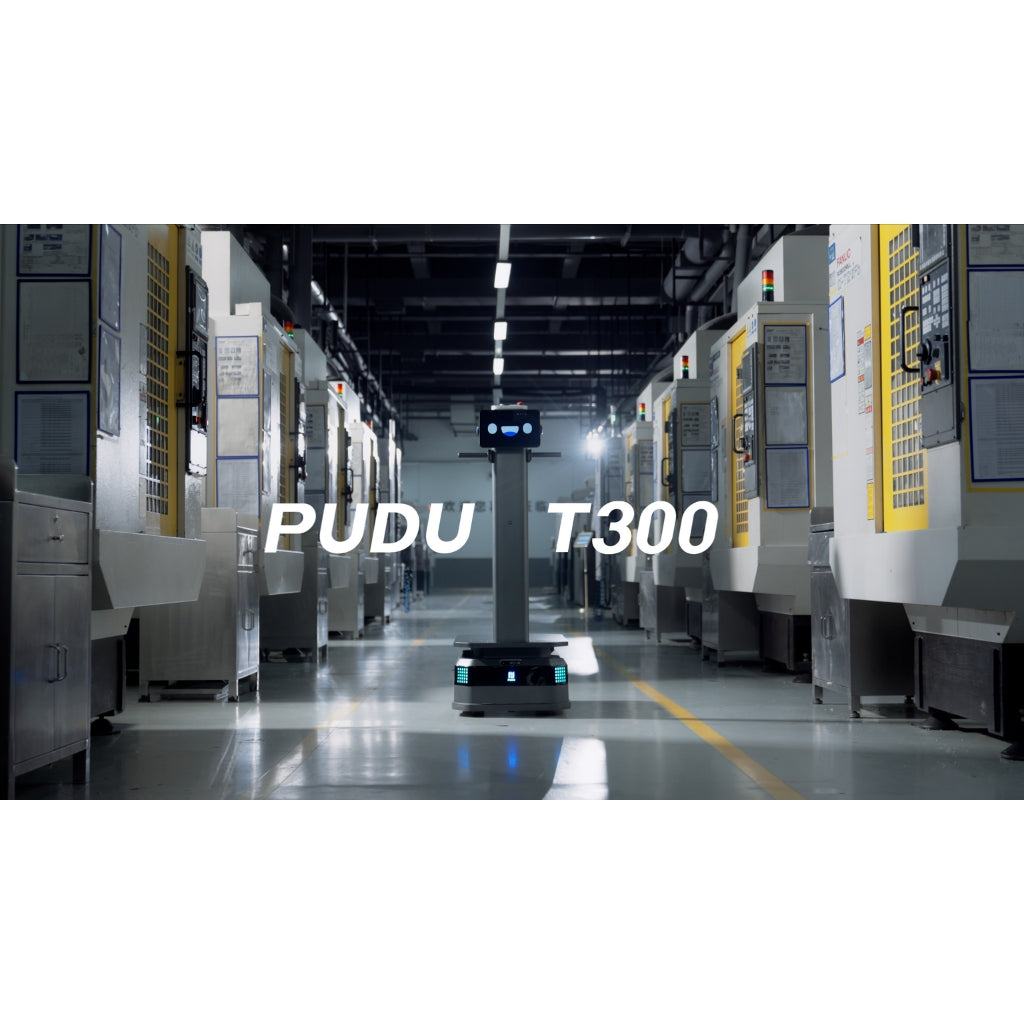 PUDU T300 industrial delivery robot operating autonomously on a busy manufacturing floor.