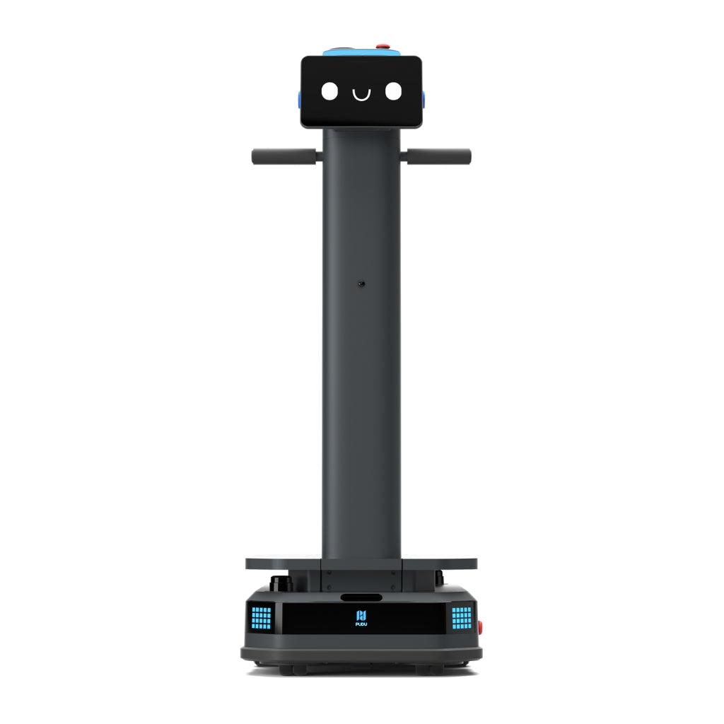 Front view of PUDU T300 industrial delivery robot showing 300kg loading platform and VSLAM navigation sensors.