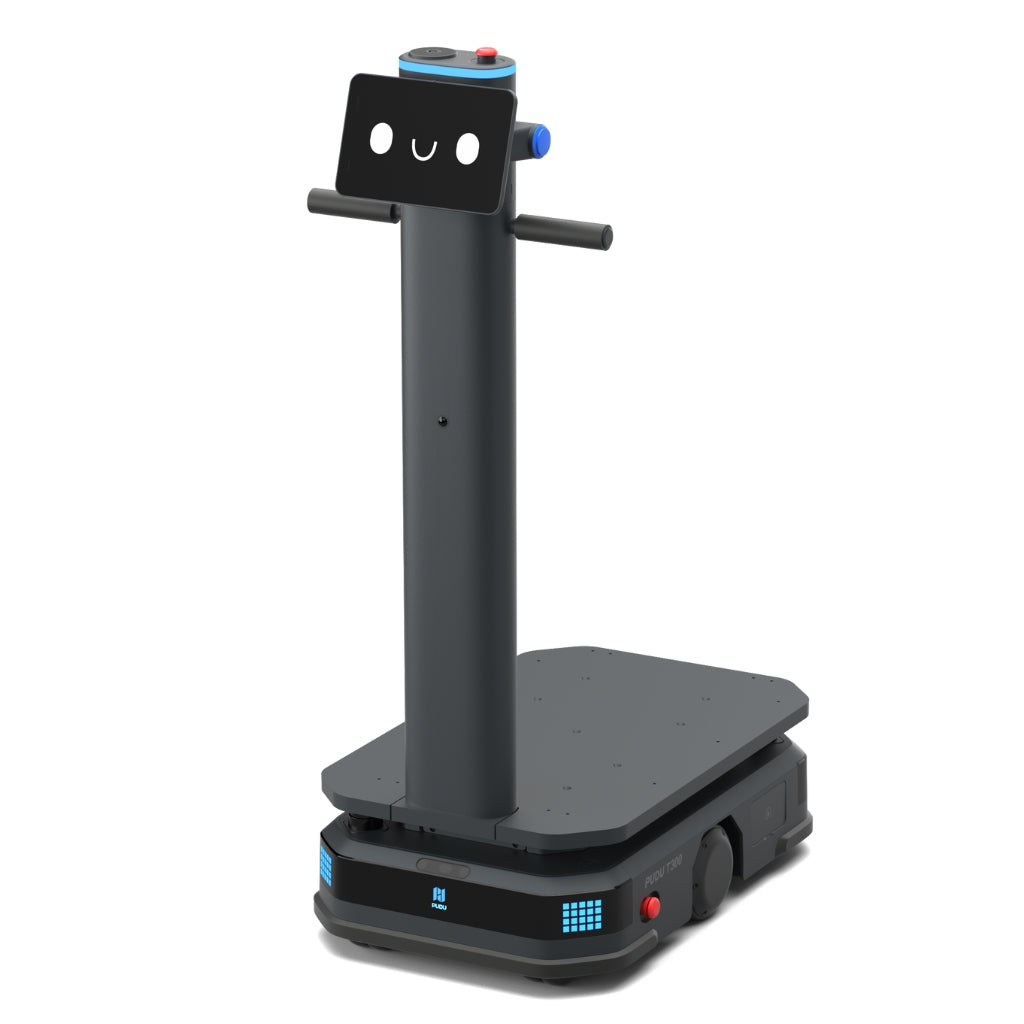 PUDU T300 right-side perspective showing sturdy industrial build quality and interactive touch screen.