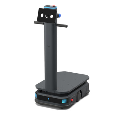 PUDU T300 right-side perspective showing sturdy industrial build quality and interactive touch screen.